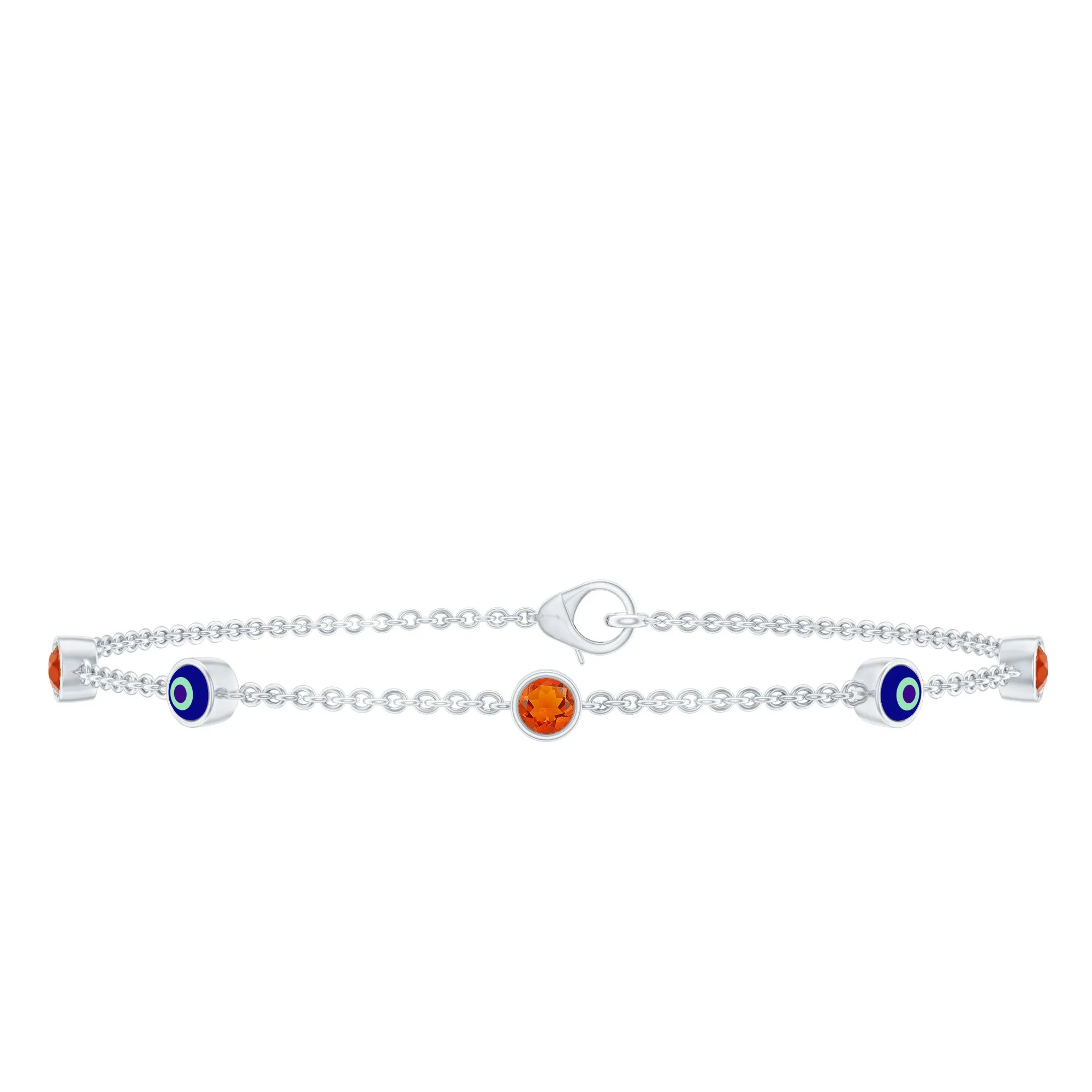1/4 CT Bezel Set Fire Opal and Evil Eye Station Chain Bracelet with Lobster Clasp
