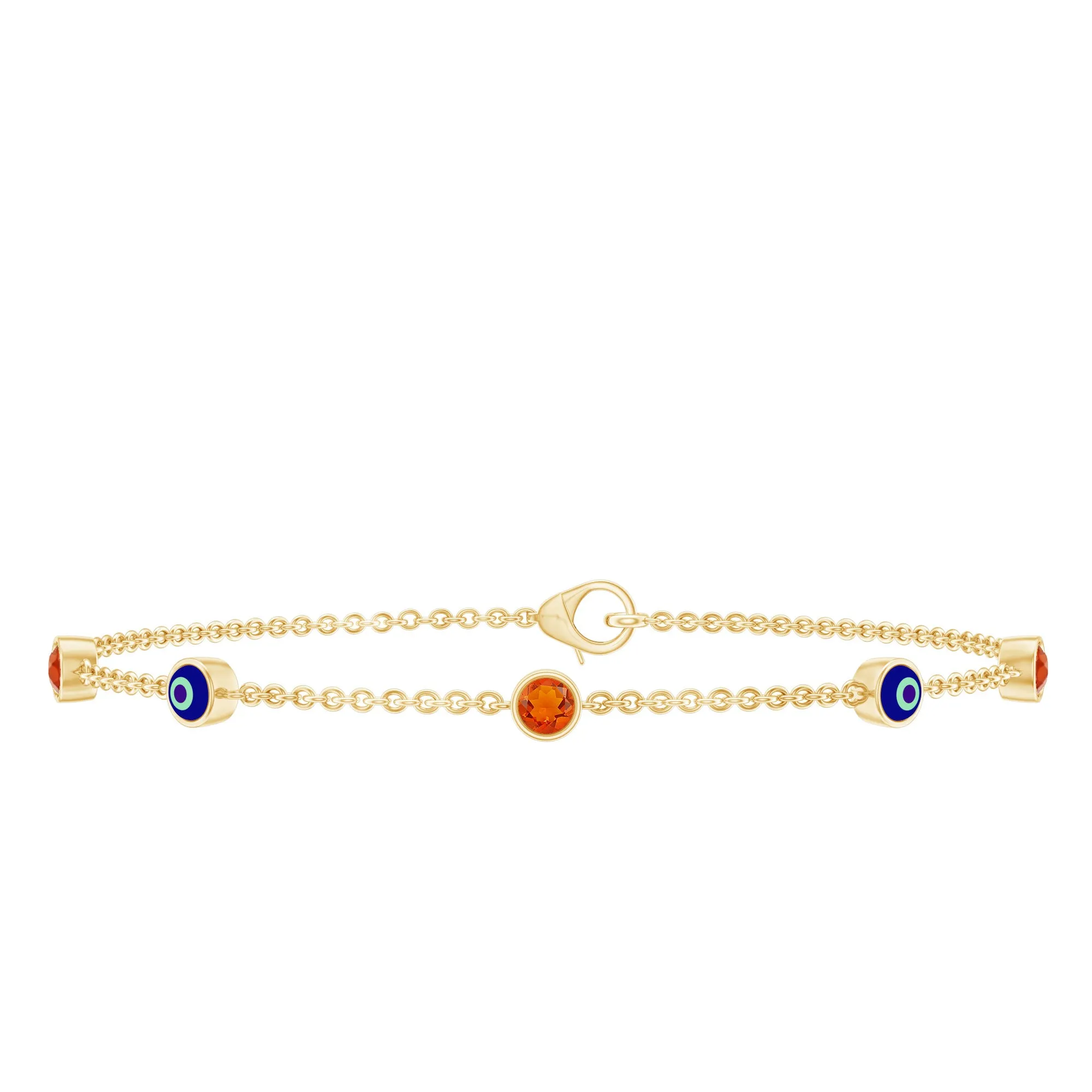 1/4 CT Bezel Set Fire Opal and Evil Eye Station Chain Bracelet with Lobster Clasp