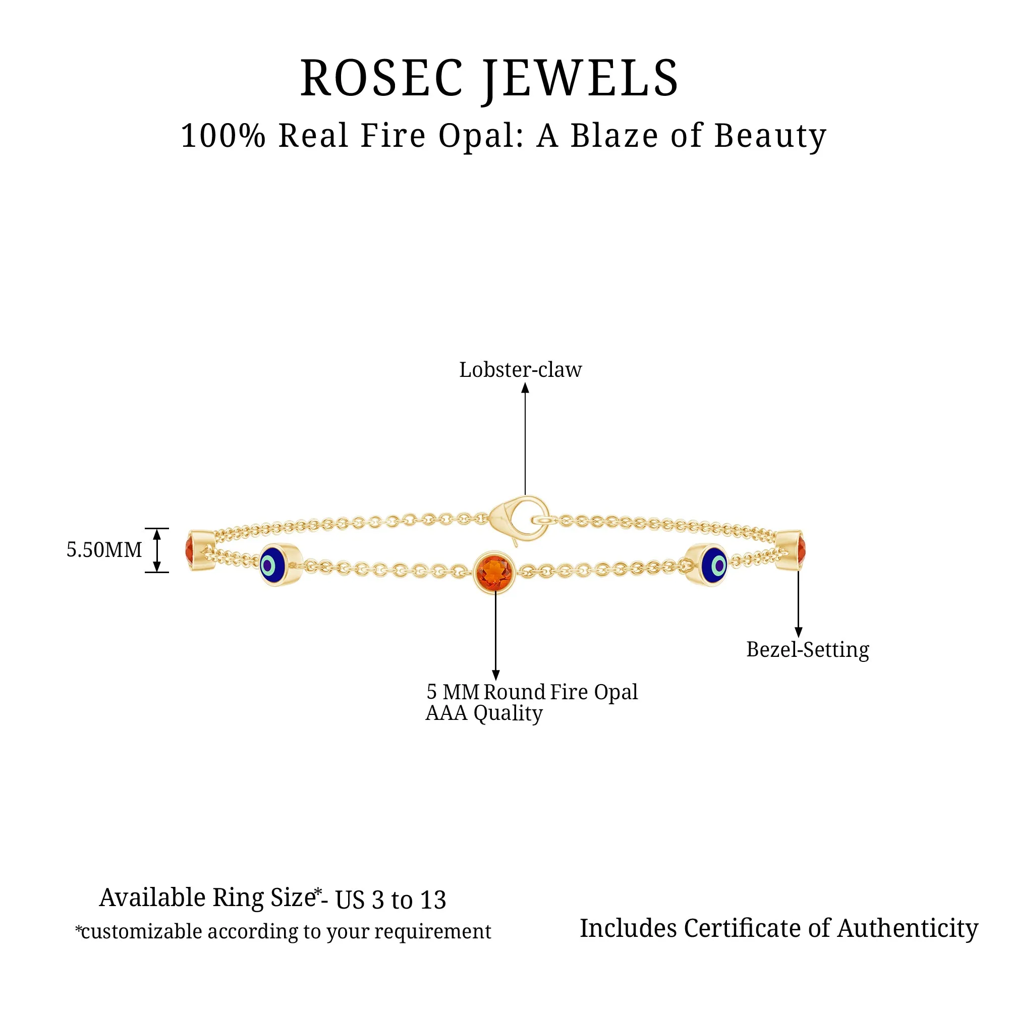 1/4 CT Bezel Set Fire Opal and Evil Eye Station Chain Bracelet with Lobster Clasp