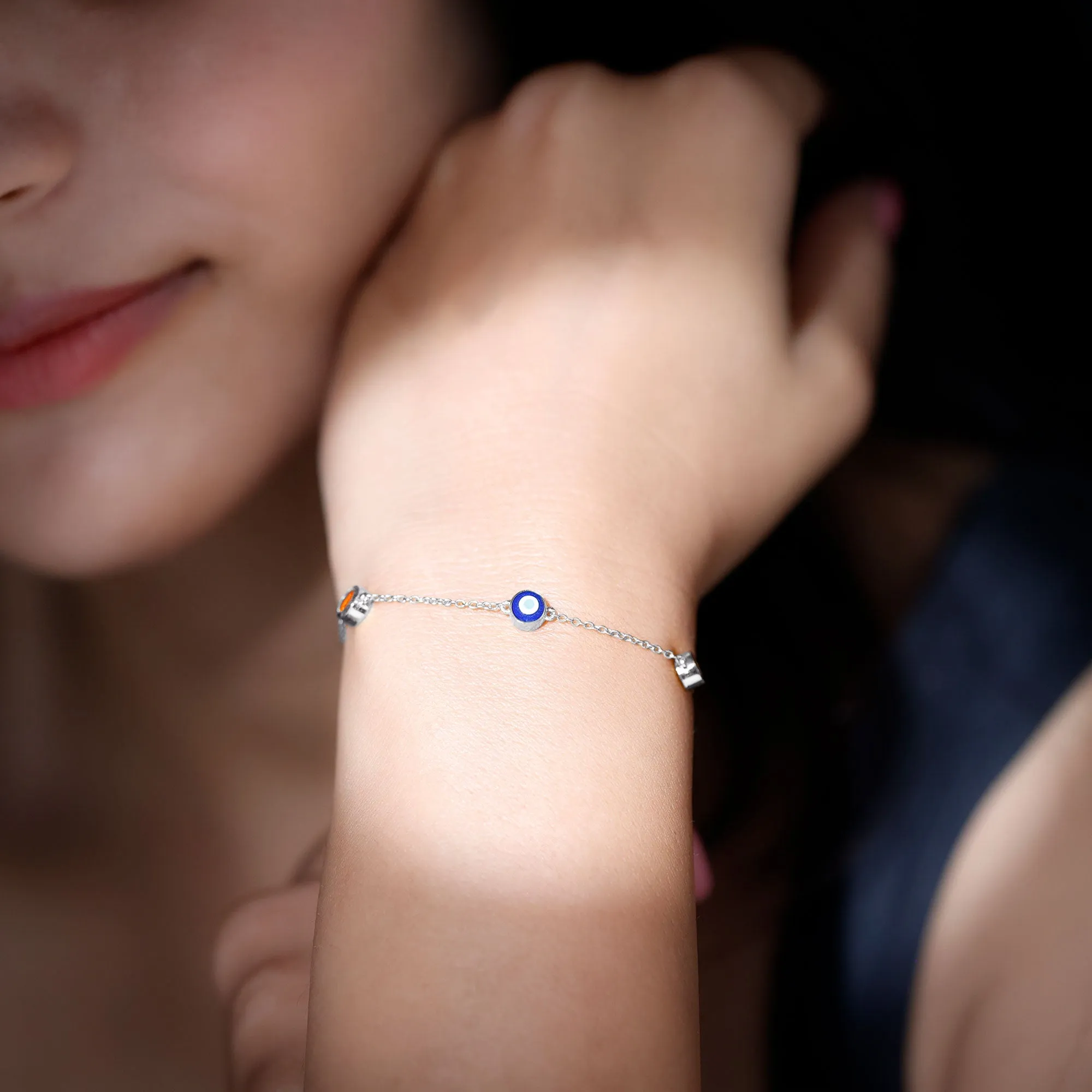 1/4 CT Bezel Set Fire Opal and Evil Eye Station Chain Bracelet with Lobster Clasp