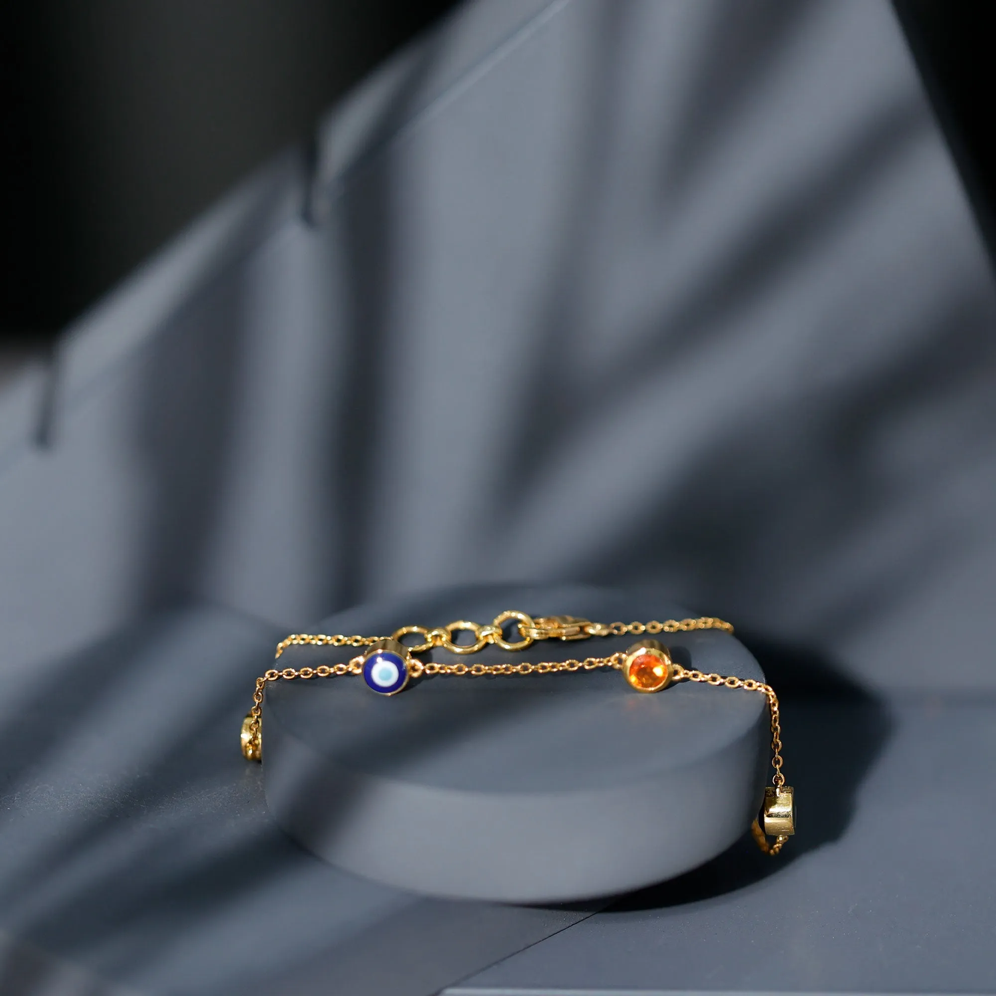 1/4 CT Bezel Set Fire Opal and Evil Eye Station Chain Bracelet with Lobster Clasp