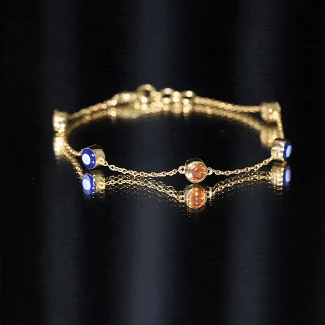 1/4 CT Bezel Set Fire Opal and Evil Eye Station Chain Bracelet with Lobster Clasp