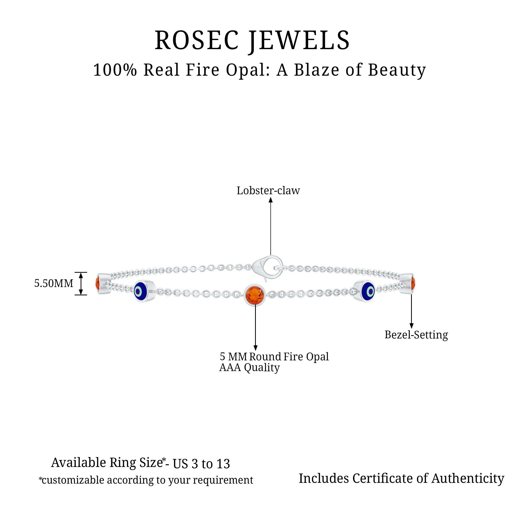 1/4 CT Bezel Set Fire Opal and Evil Eye Station Chain Bracelet with Lobster Clasp