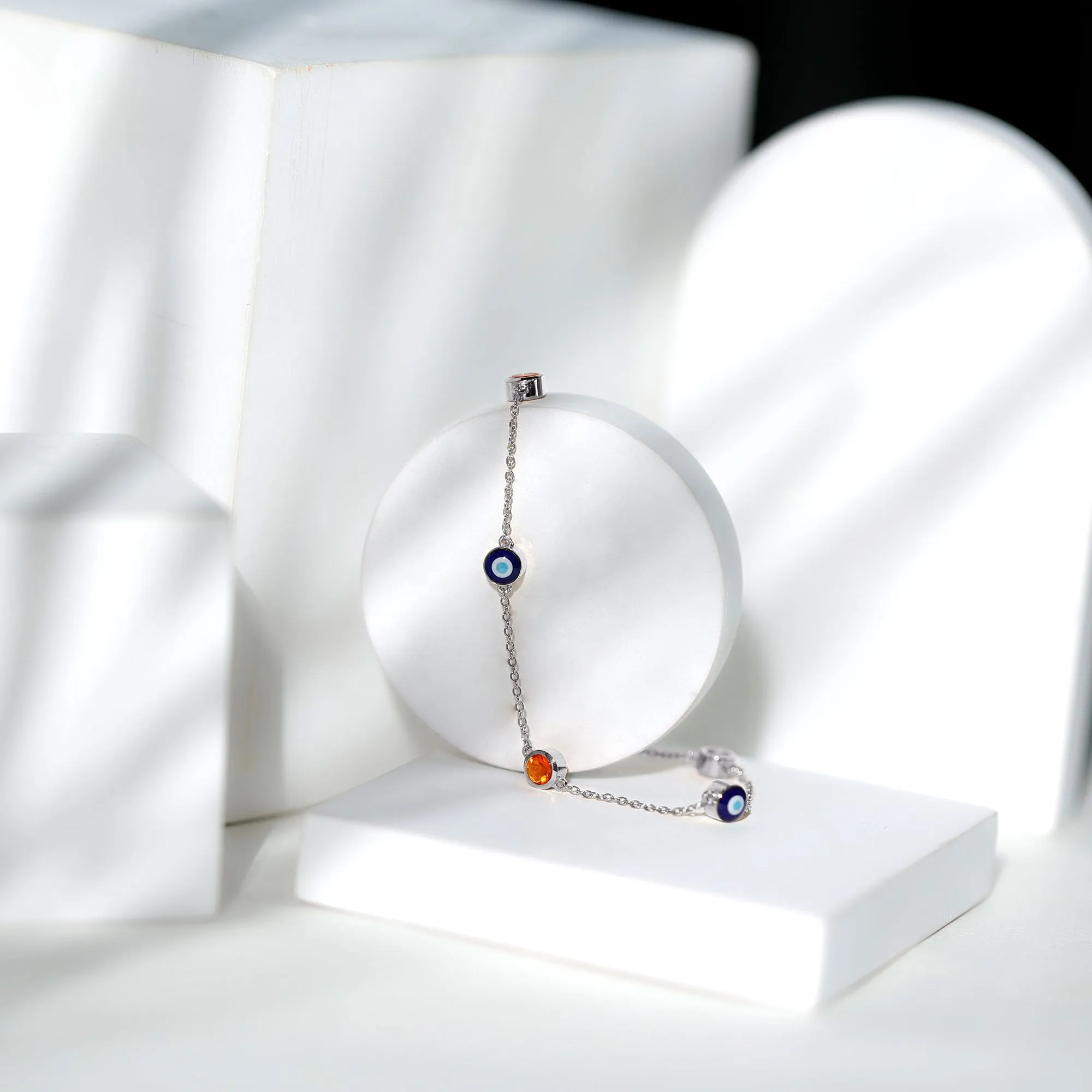 1/4 CT Bezel Set Fire Opal and Evil Eye Station Chain Bracelet with Lobster Clasp