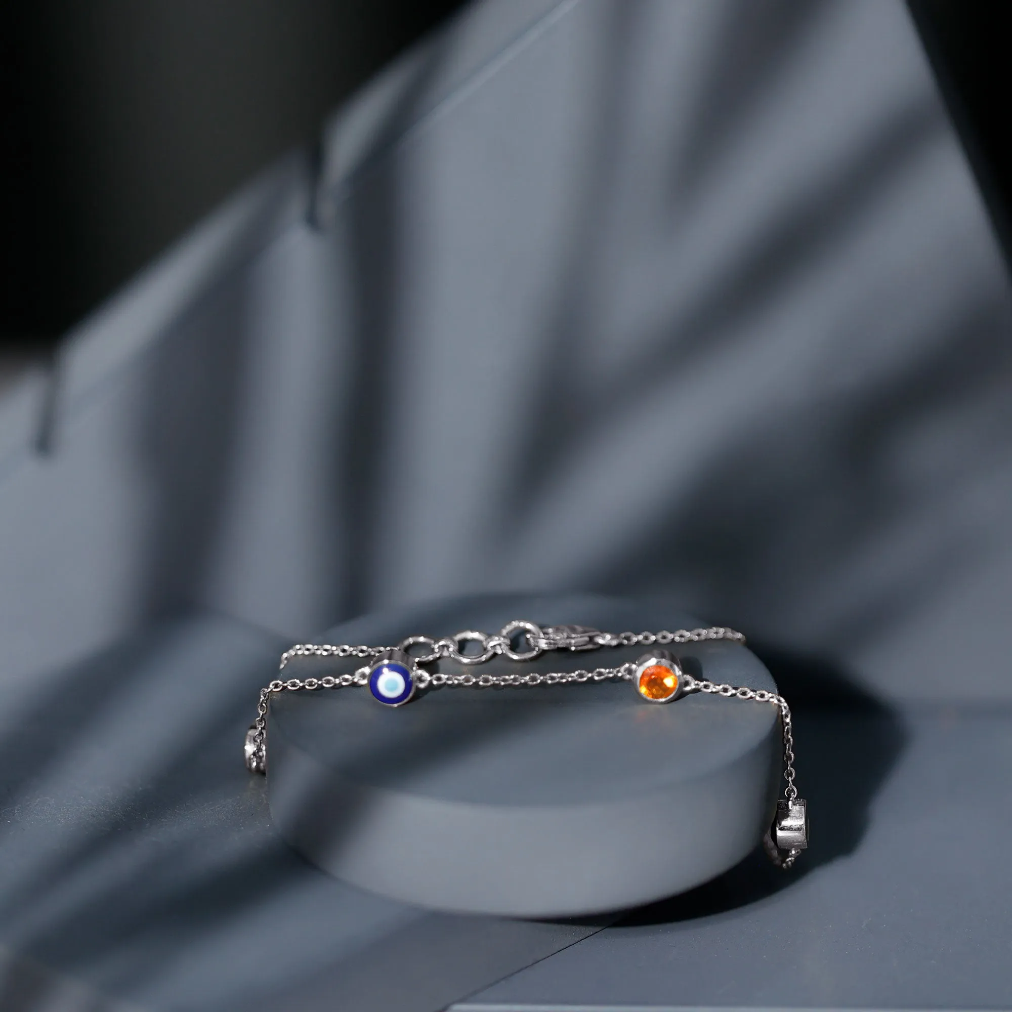 1/4 CT Bezel Set Fire Opal and Evil Eye Station Chain Bracelet with Lobster Clasp