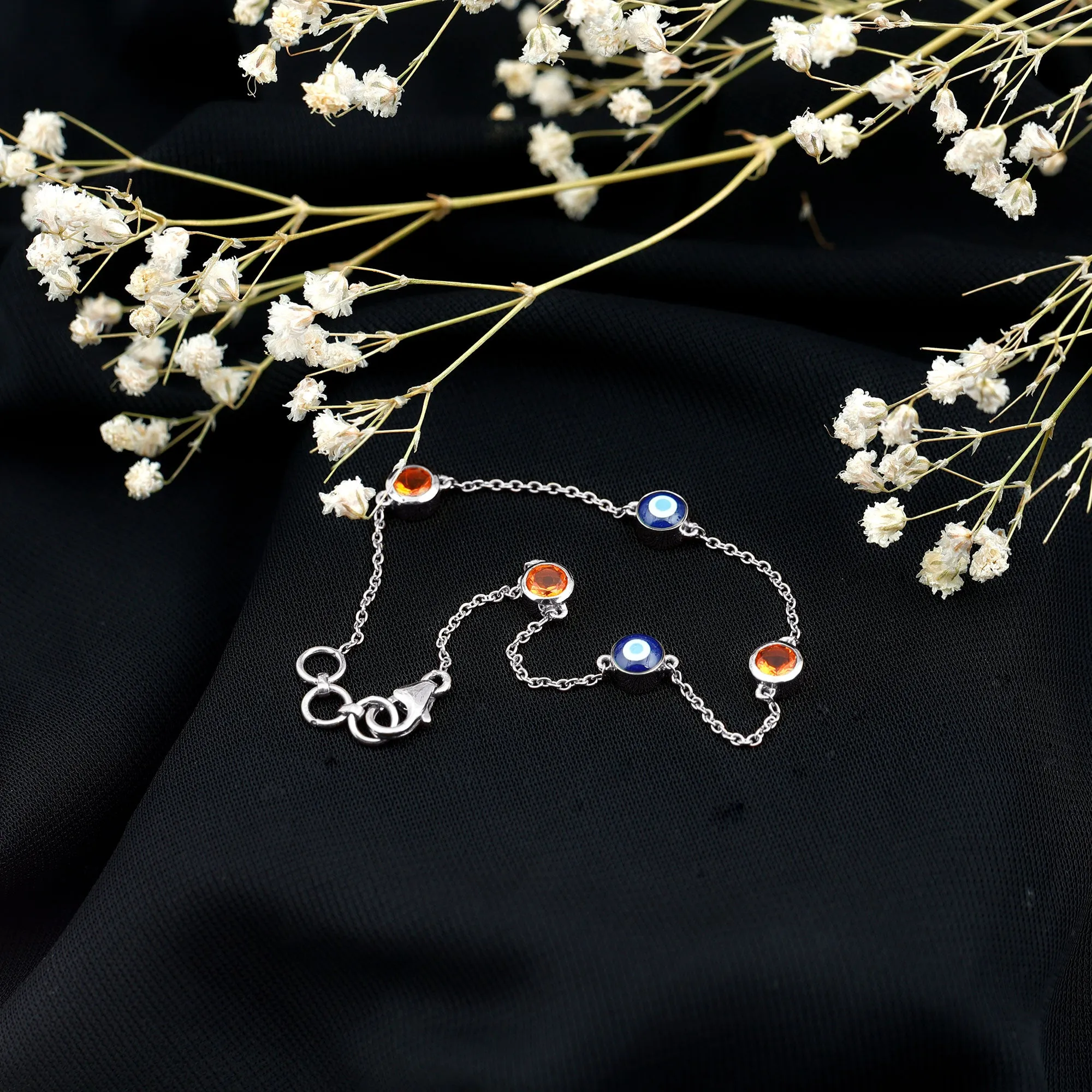 1/4 CT Bezel Set Fire Opal and Evil Eye Station Chain Bracelet with Lobster Clasp