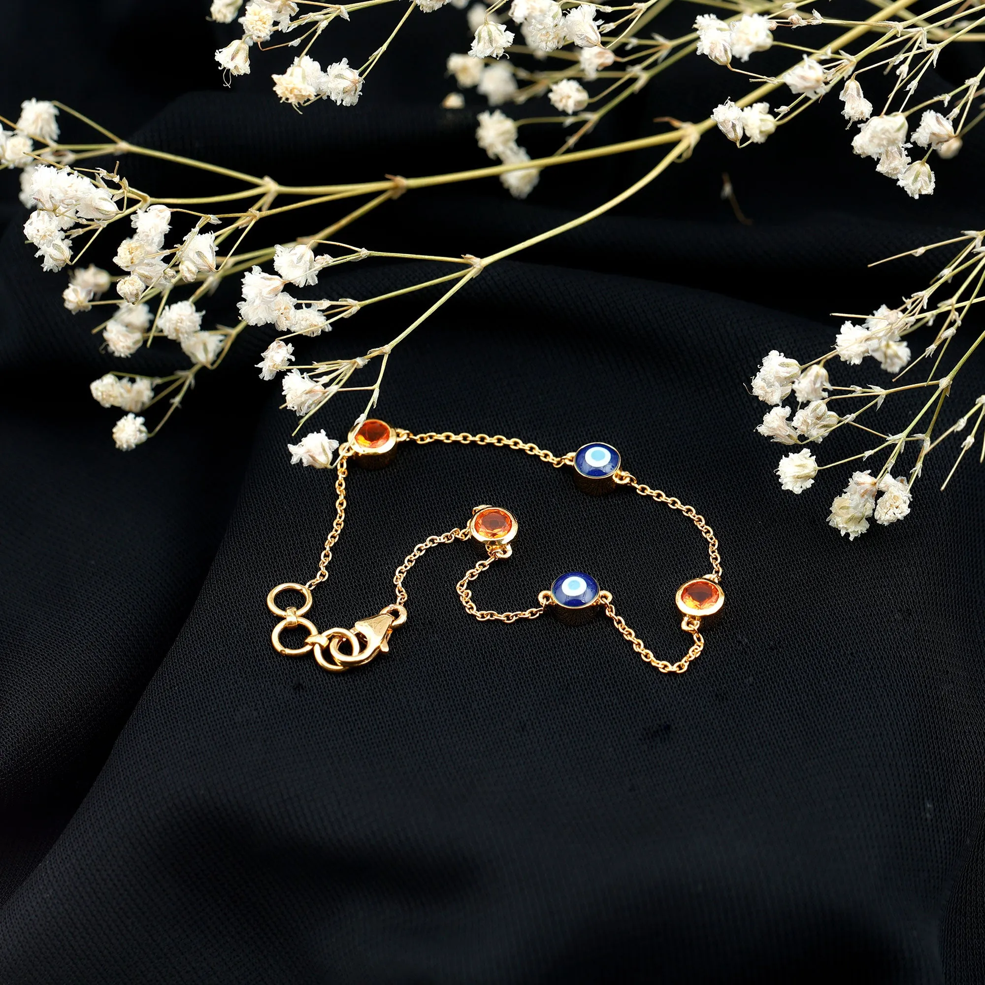 1/4 CT Bezel Set Fire Opal and Evil Eye Station Chain Bracelet with Lobster Clasp