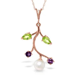 14K Solid Rose Gold Necklace w/ Amethyst, Peridot & Pearl
