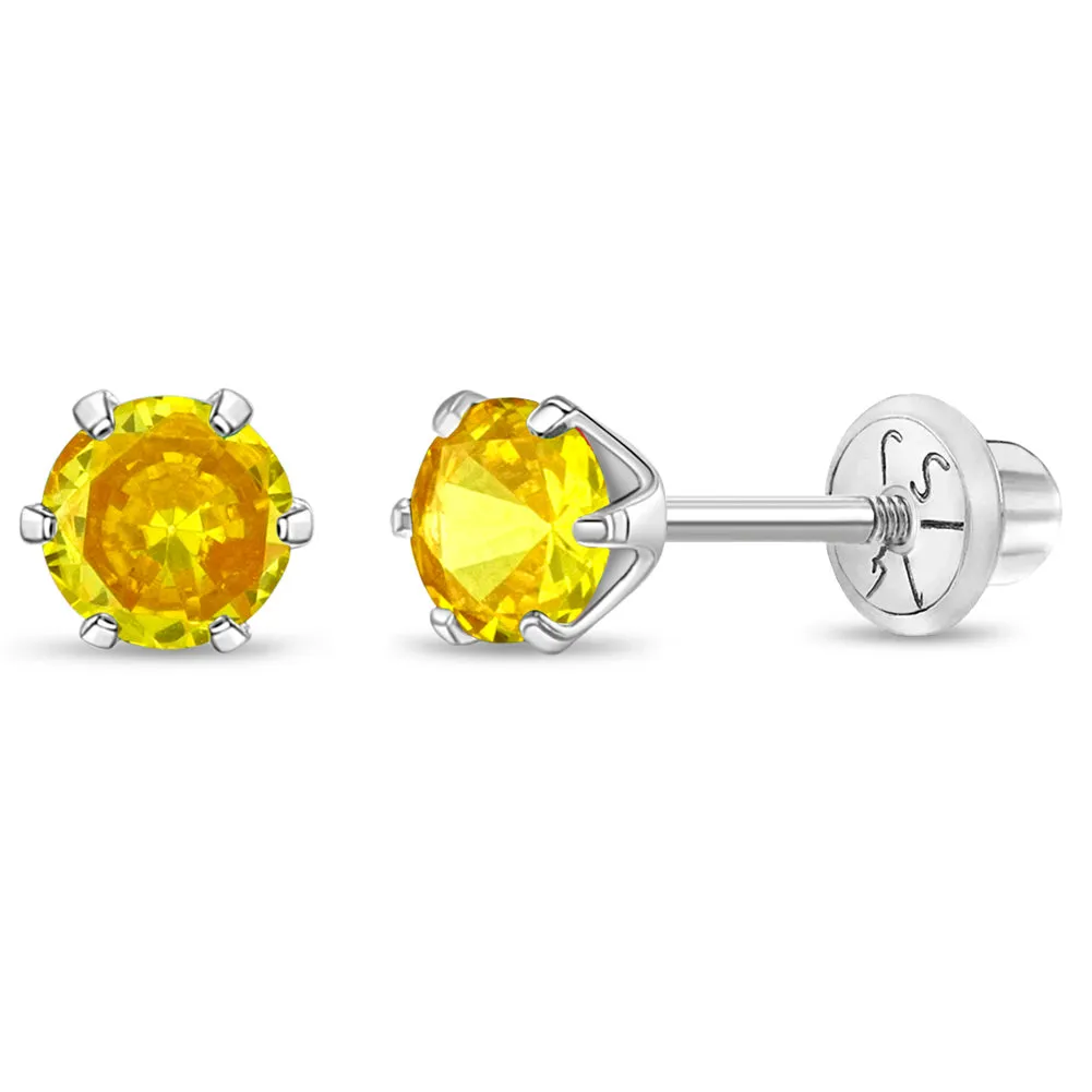 14k White Gold Brilliant Prong Set Cubic Zirconia Kids / Children's / Girls Earrings Safety Screw Back