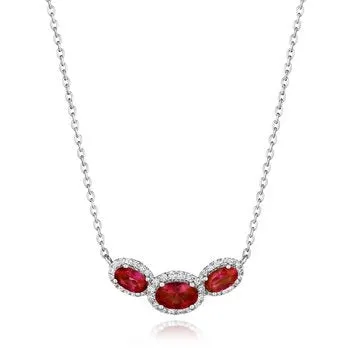 14K White Gold Necklace with East to West Oval Ruby with Diamond Halos