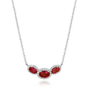 14K White Gold Necklace with East to West Oval Ruby with Diamond Halos
