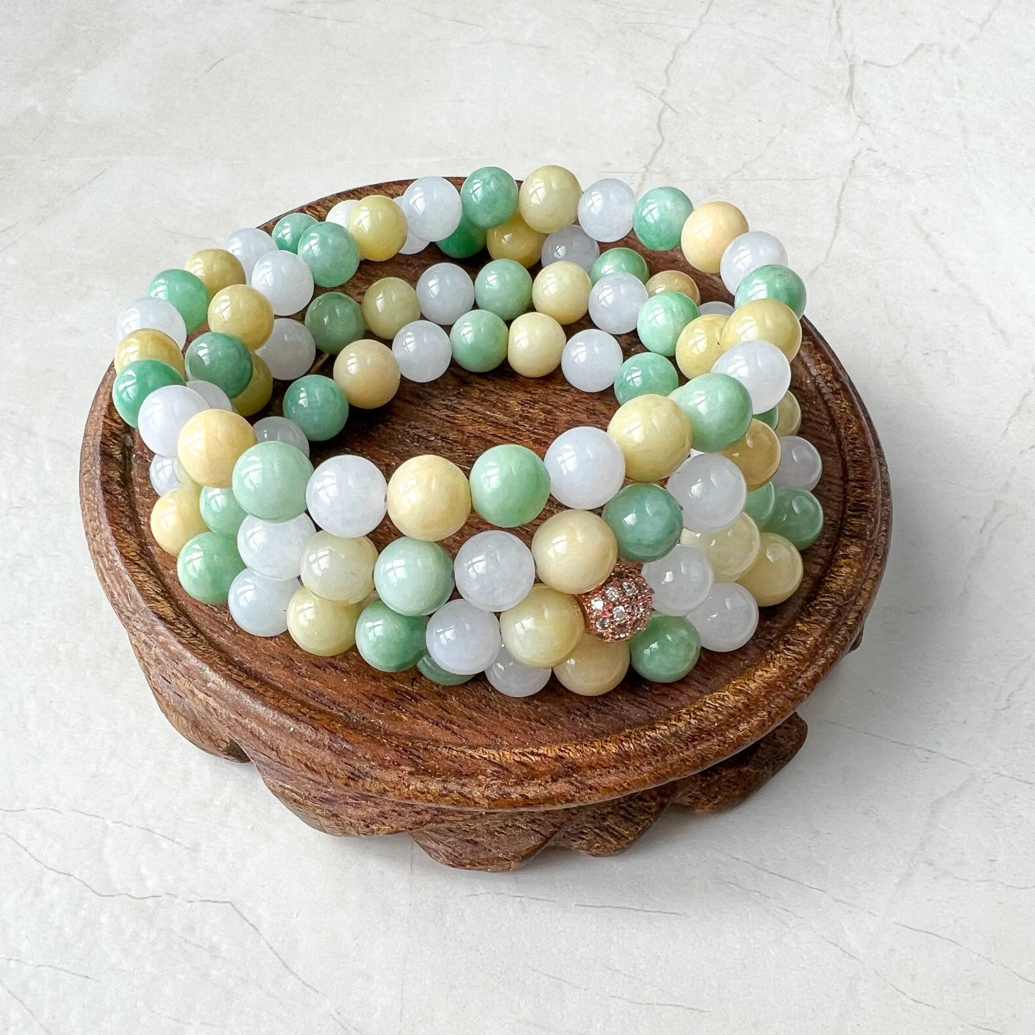 7.75 mm Jadeite Jade Wrapped Bead Bracelet/Necklace, Multi Color Green Yellow White Light Purple Jade, XNZ-0822-1673672515