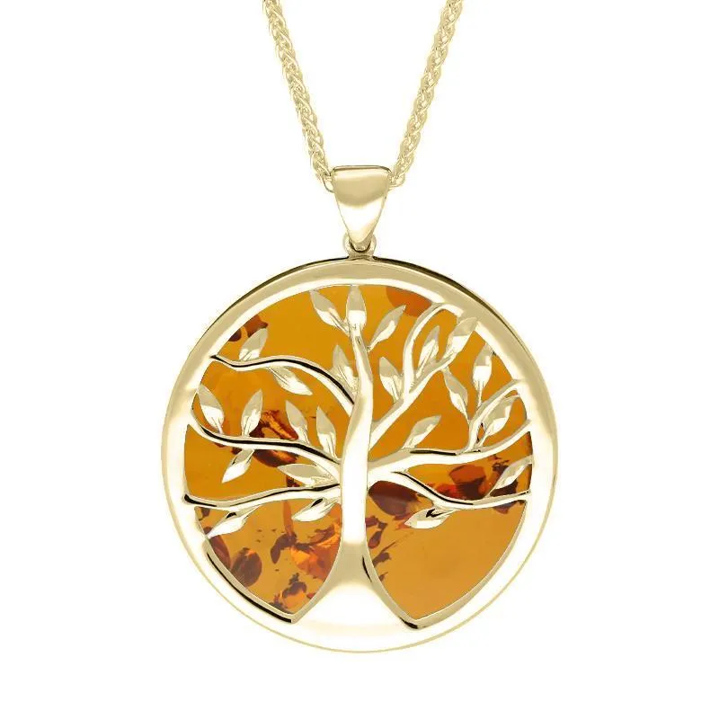 9ct Yellow Gold Amber Large Round Tree of Life Two Piece Set