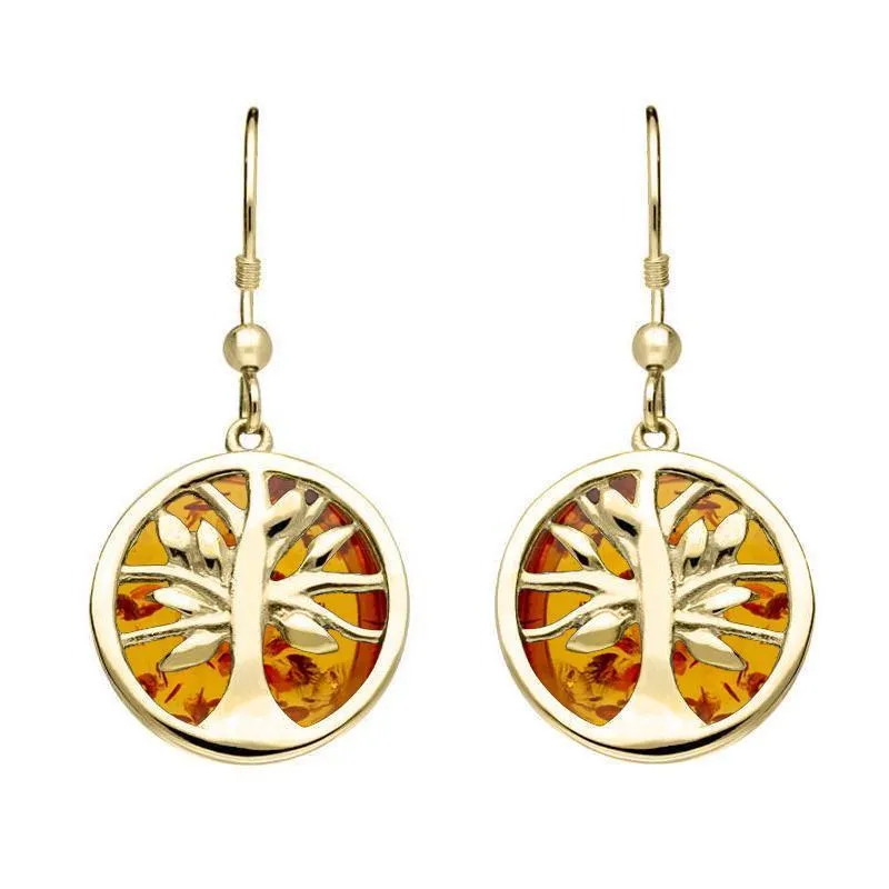 9ct Yellow Gold Amber Large Round Tree of Life Two Piece Set