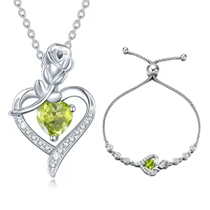 Agvana Fine Jewelry August Birthstone Necklace Bracelet for Women Sterling Silver Genuine Peridot CZ Rose Flower Heart Pendant Mothers Day Gifts for Mom Anniversary Birthday Gifts for Girls Her