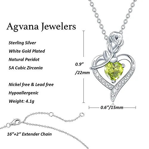 Agvana Fine Jewelry August Birthstone Necklace Bracelet for Women Sterling Silver Genuine Peridot CZ Rose Flower Heart Pendant Mothers Day Gifts for Mom Anniversary Birthday Gifts for Girls Her