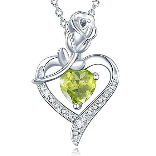Agvana Fine Jewelry August Birthstone Necklace Bracelet for Women Sterling Silver Genuine Peridot CZ Rose Flower Heart Pendant Mothers Day Gifts for Mom Anniversary Birthday Gifts for Girls Her