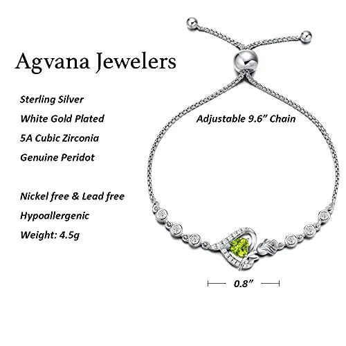 Agvana Fine Jewelry August Birthstone Necklace Bracelet for Women Sterling Silver Genuine Peridot CZ Rose Flower Heart Pendant Mothers Day Gifts for Mom Anniversary Birthday Gifts for Girls Her