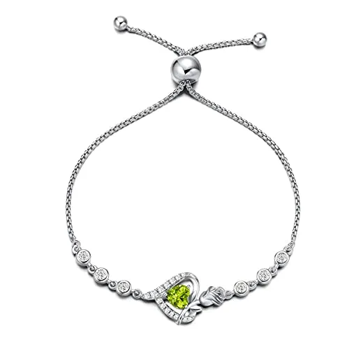 Agvana Fine Jewelry August Birthstone Necklace Bracelet for Women Sterling Silver Genuine Peridot CZ Rose Flower Heart Pendant Mothers Day Gifts for Mom Anniversary Birthday Gifts for Girls Her