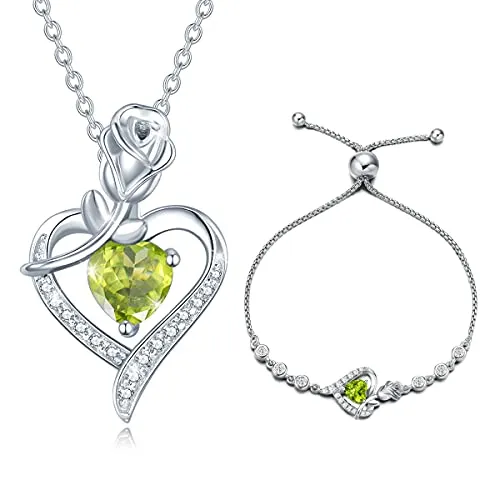 Agvana Fine Jewelry August Birthstone Necklace Bracelet for Women Sterling Silver Genuine Peridot CZ Rose Flower Heart Pendant Mothers Day Gifts for Mom Anniversary Birthday Gifts for Girls Her