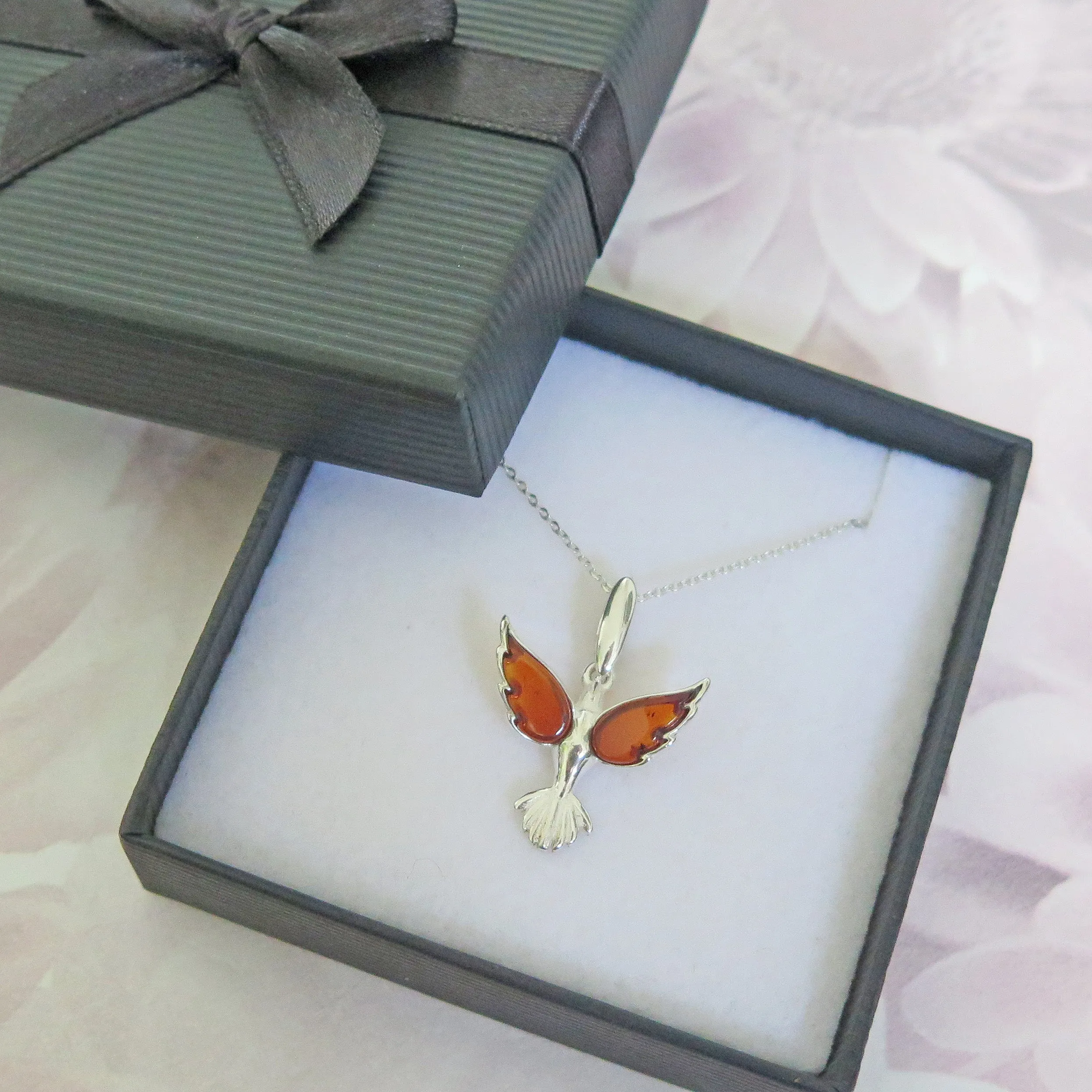 Amber Phoenix Sterling Silver Pendant Necklace
