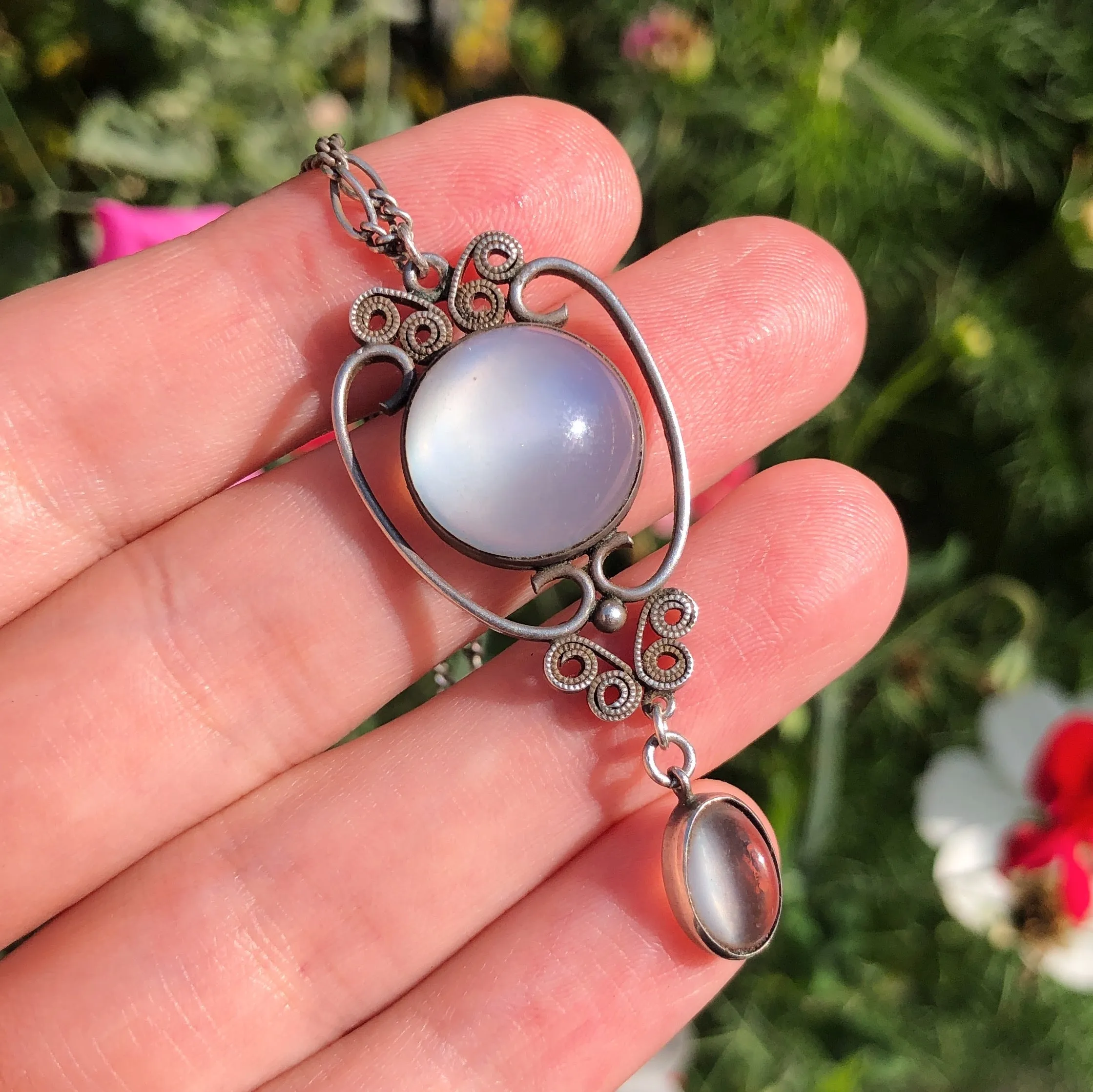 Antique Art Deco Silver Moonstone Pendant Necklace
