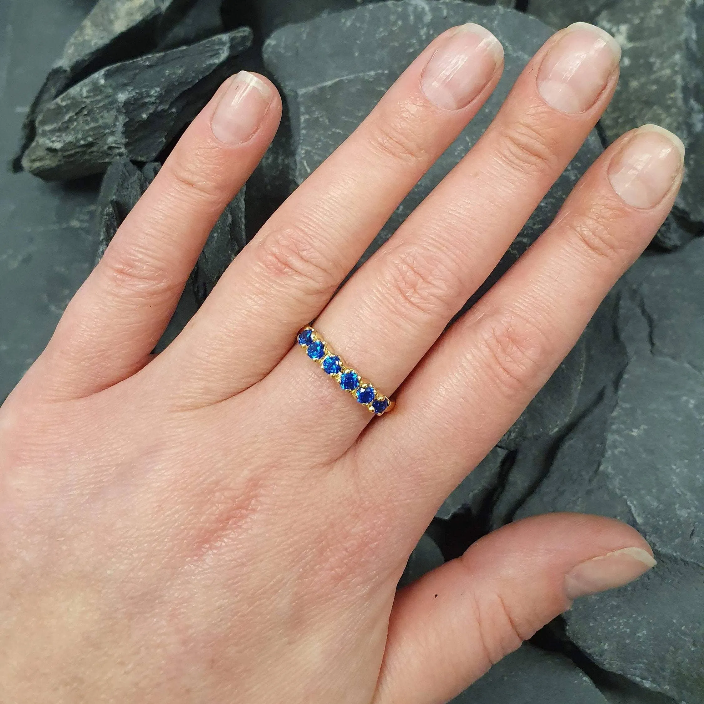 Blue Sapphire Ring - Gold Sapphire Ring, Half Eternity Sapphire Ring