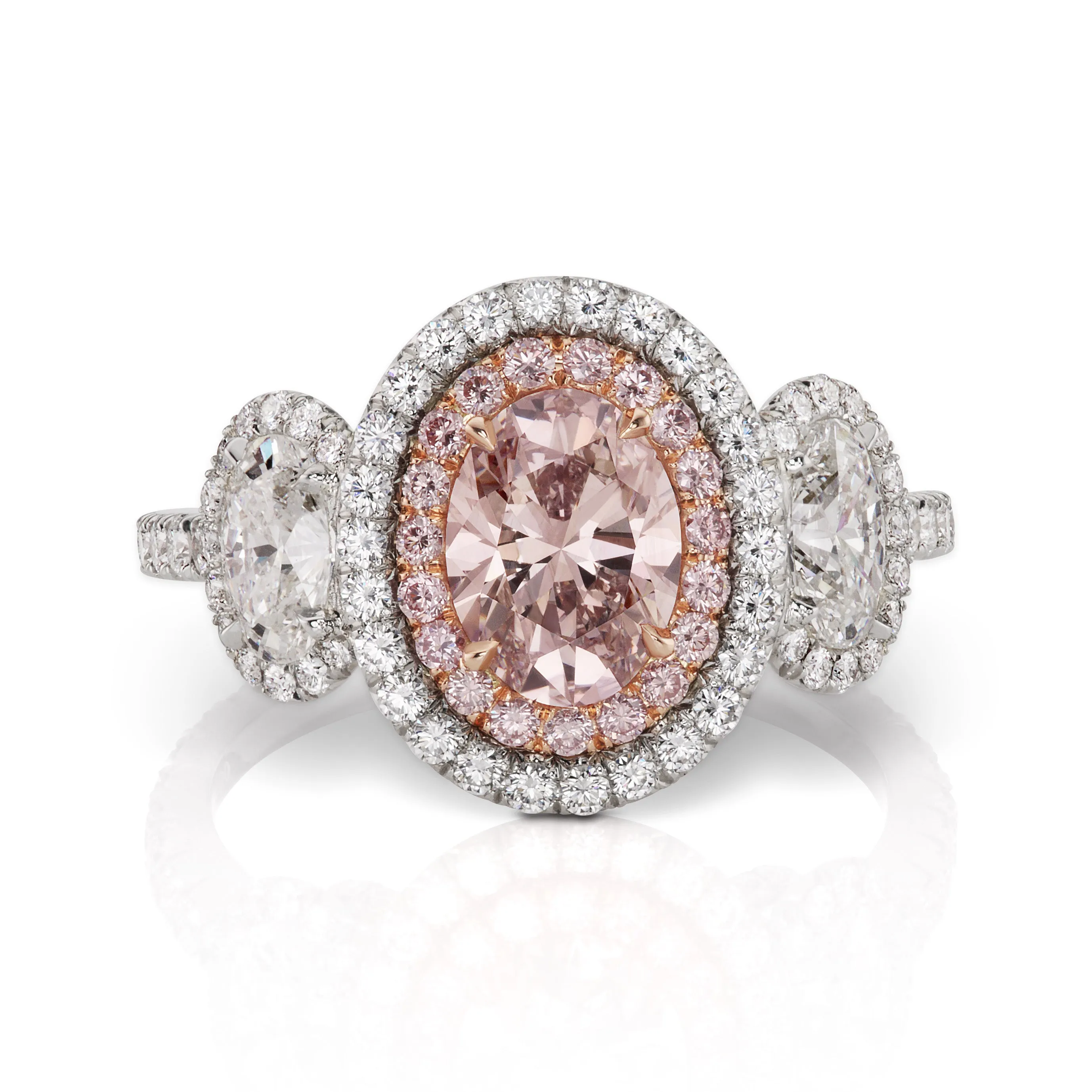 Brown Pink Oval Diamond Three Stone Ring