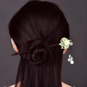 Chinese Japanese Korean Traditional Hair Pin - Green Jade Color Vintage Flower Blossom - Hair Stick Bead Pins Retro Hair Tassel Pearls