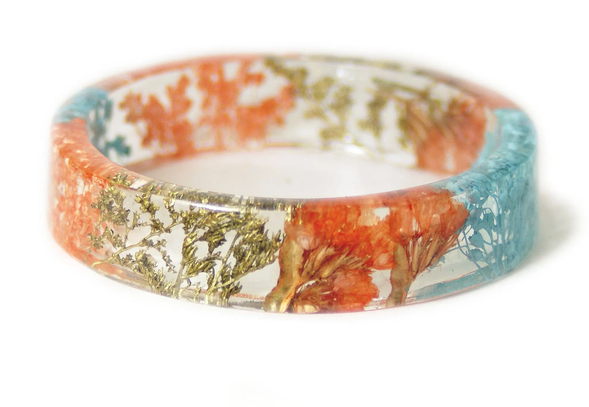 Coral, Teal and Gold Flower Resin Bracelet