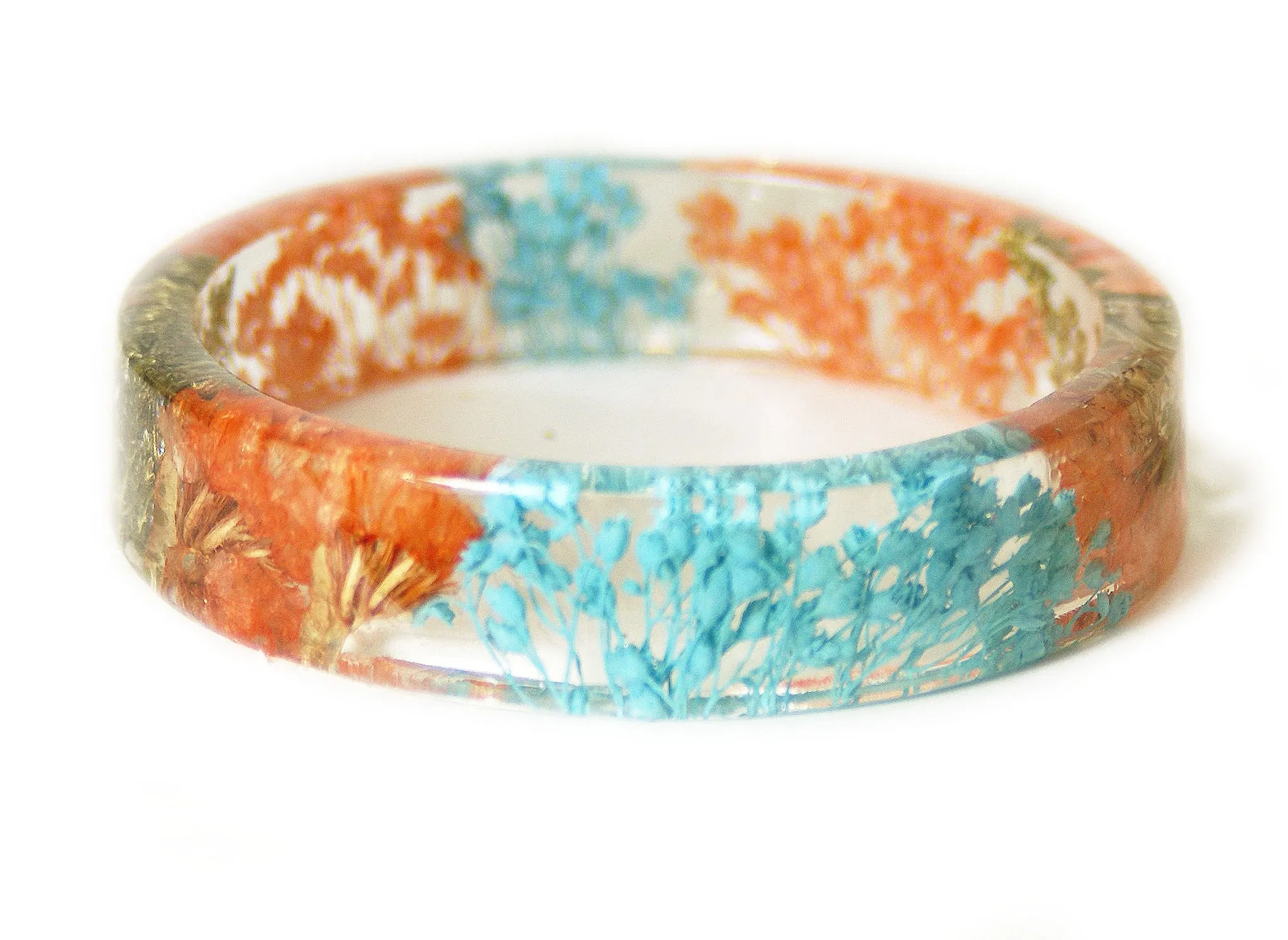 Coral, Teal and Gold Flower Resin Bracelet