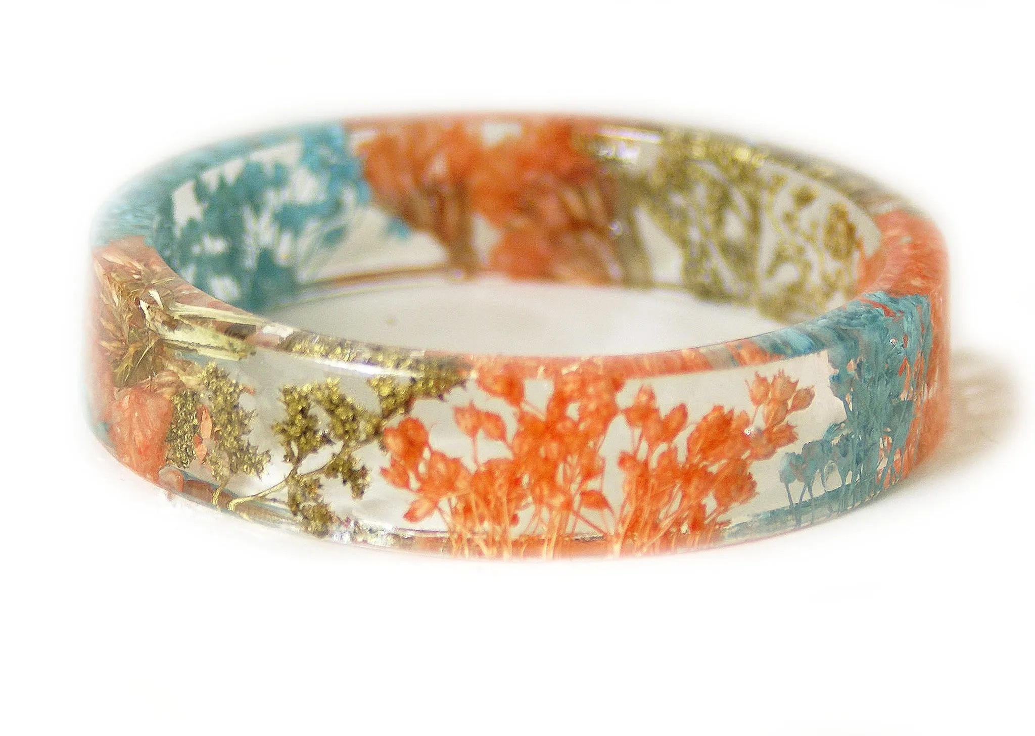 Coral, Teal and Gold Flower Resin Bracelet