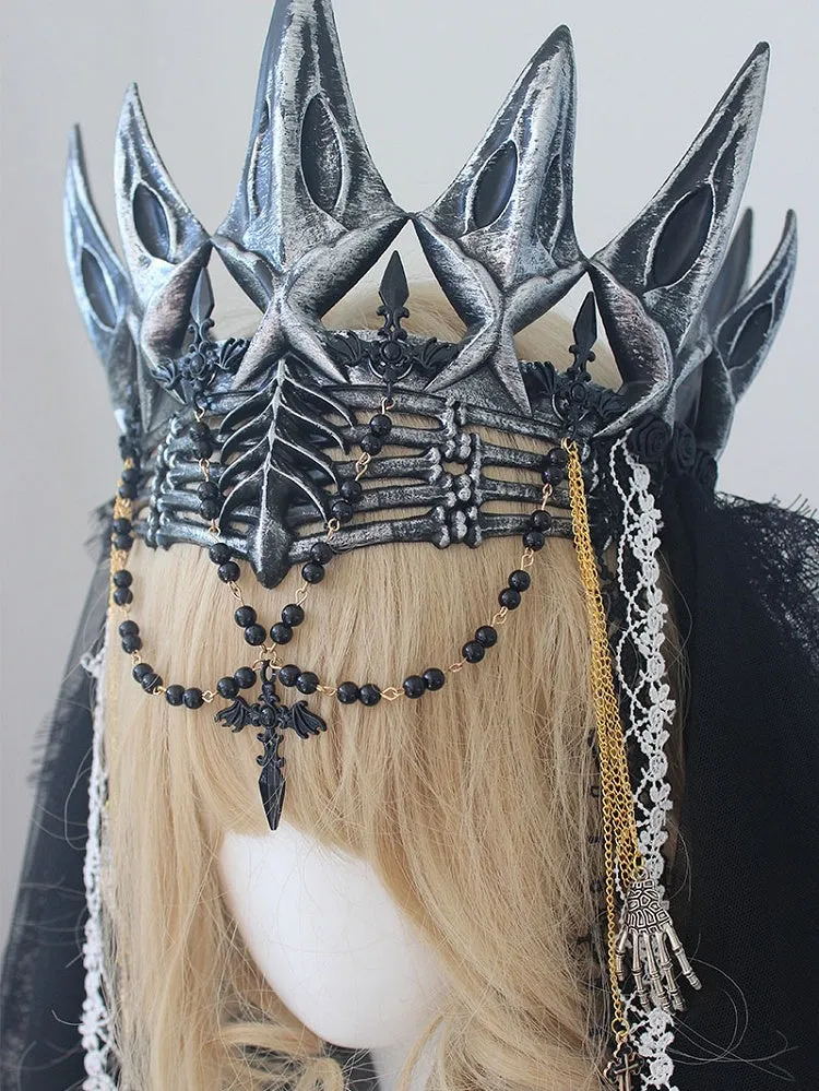 Cross And Beaded Charm Skeleton Hands Black Gothic Crown