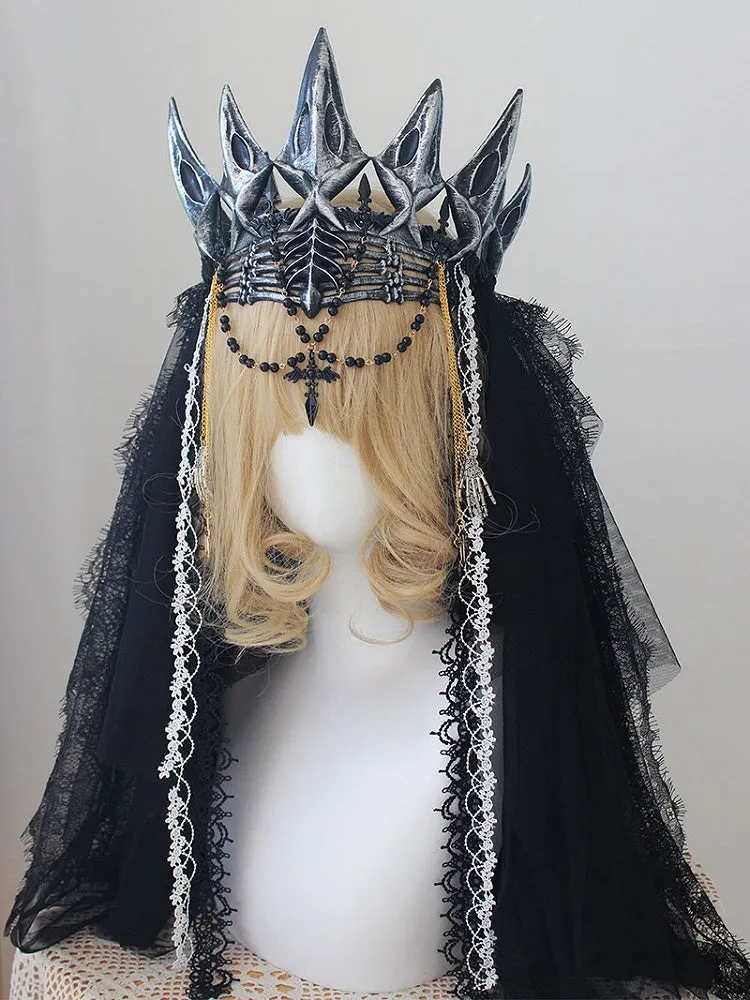 Cross And Beaded Charm Skeleton Hands Black Gothic Crown