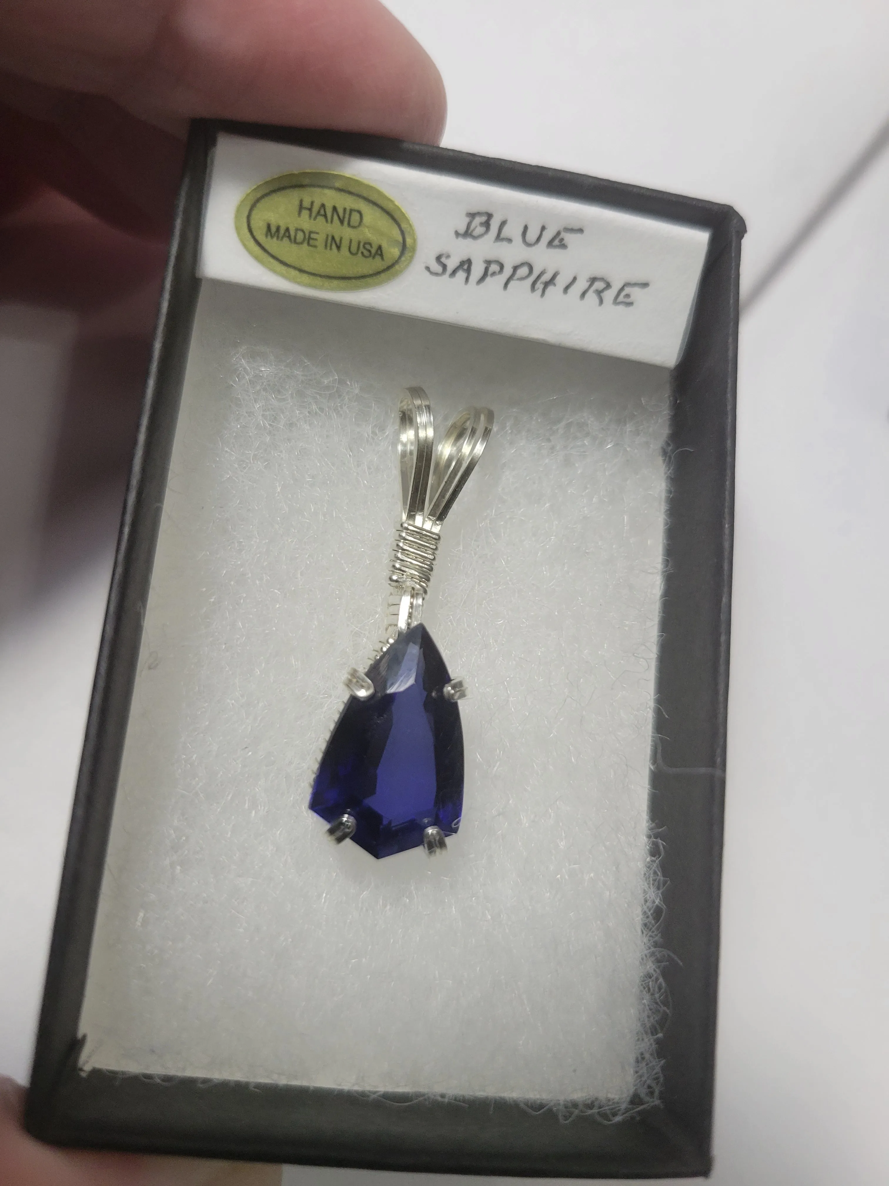 Custom Wire Wrapped Faceted Blue Sapphire Necklace/Pendant Sterling Silver