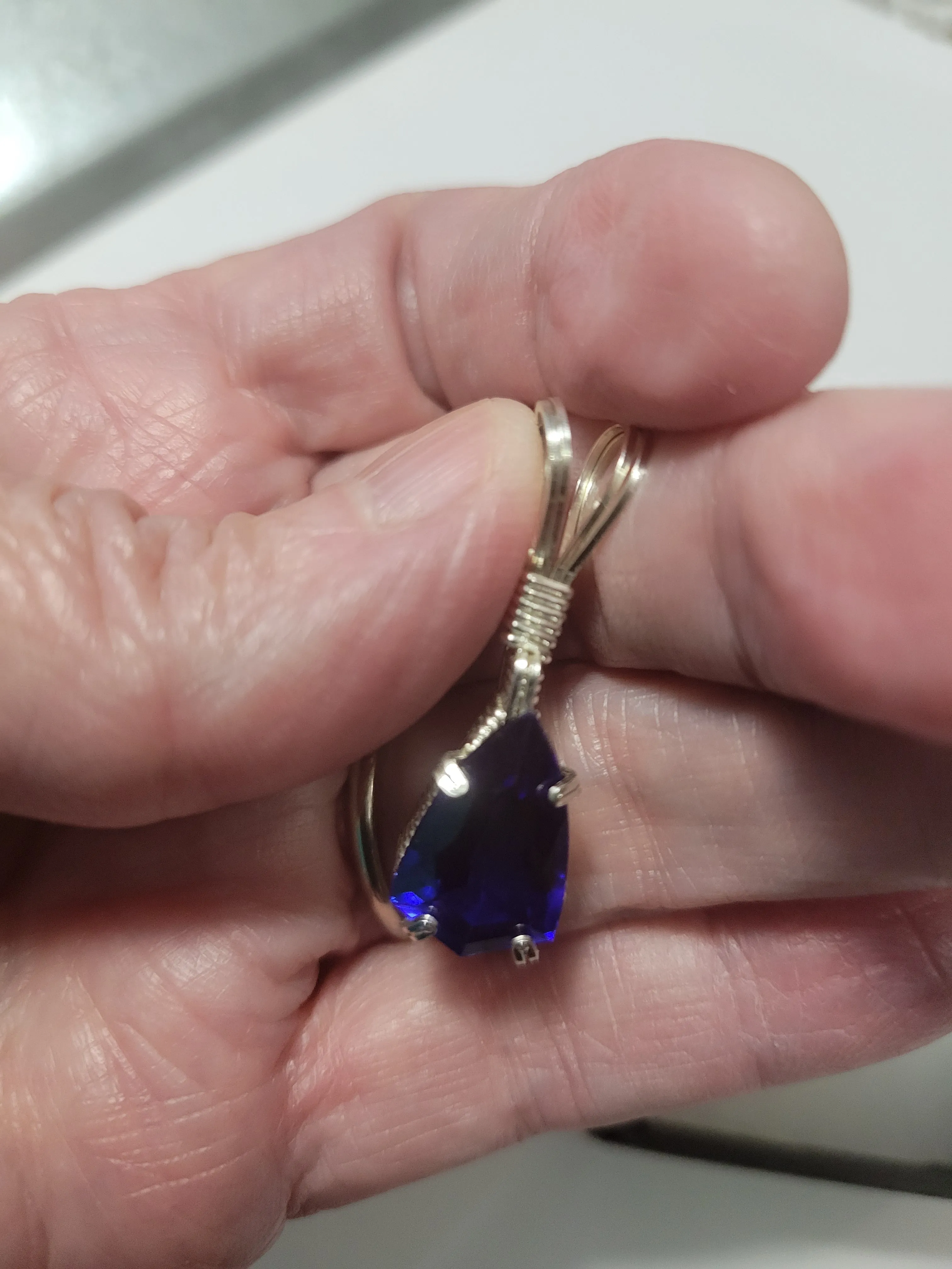 Custom Wire Wrapped Faceted Blue Sapphire Necklace/Pendant Sterling Silver