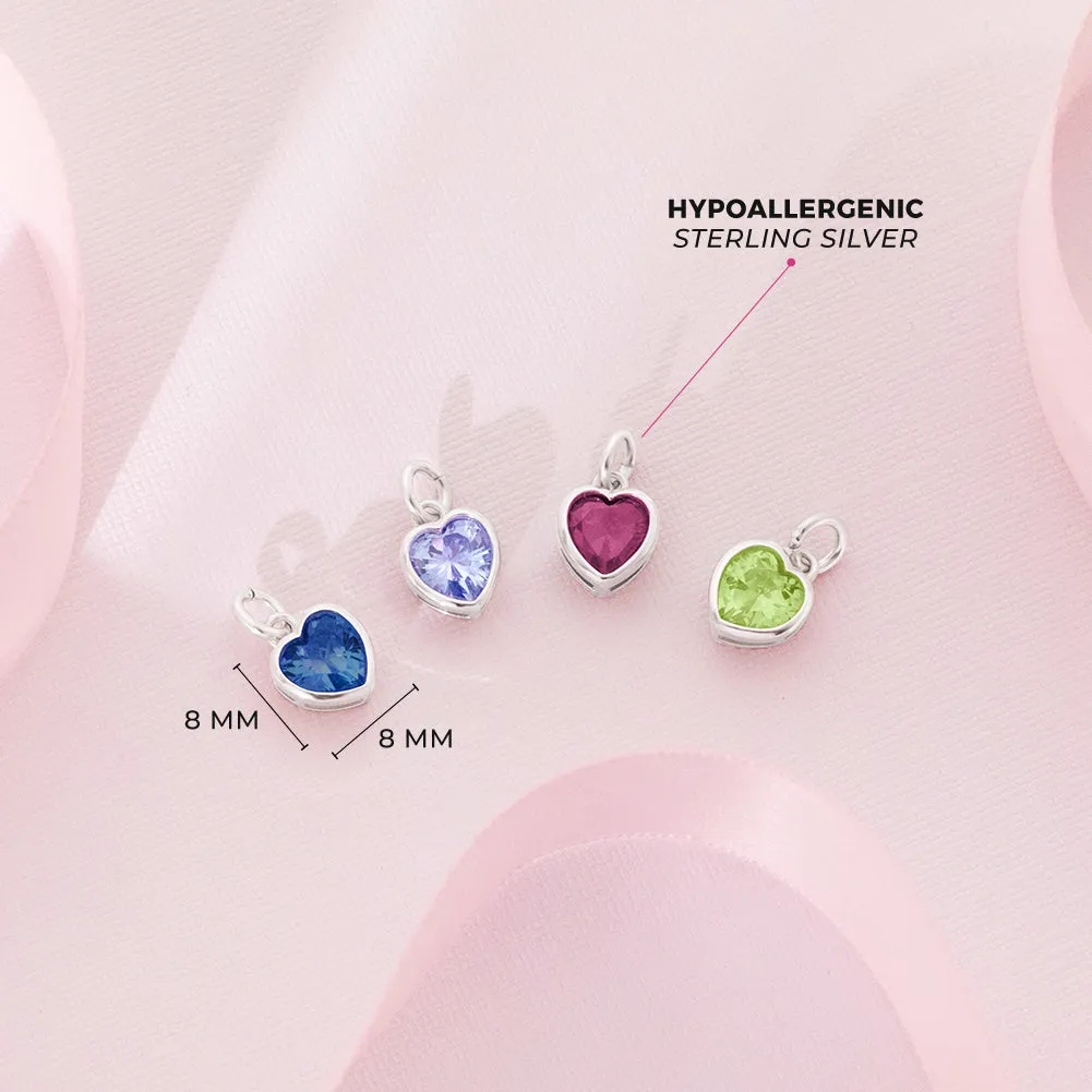 CZ Birthstone Heart Charms Kids / Children's / Girls for Charm Bracelet - Sterling Silver