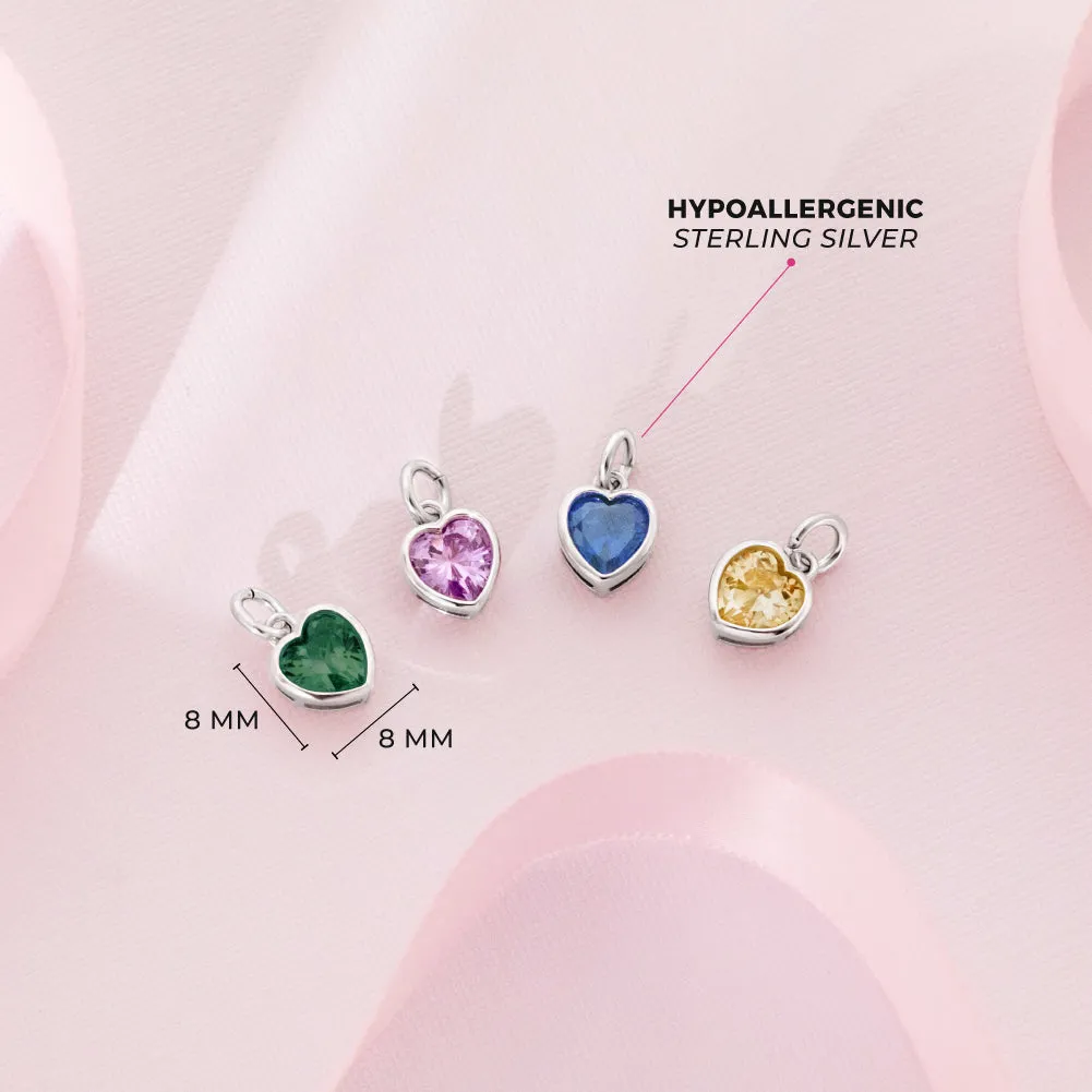 CZ Birthstone Heart Charms Kids / Children's / Girls for Charm Bracelet - Sterling Silver