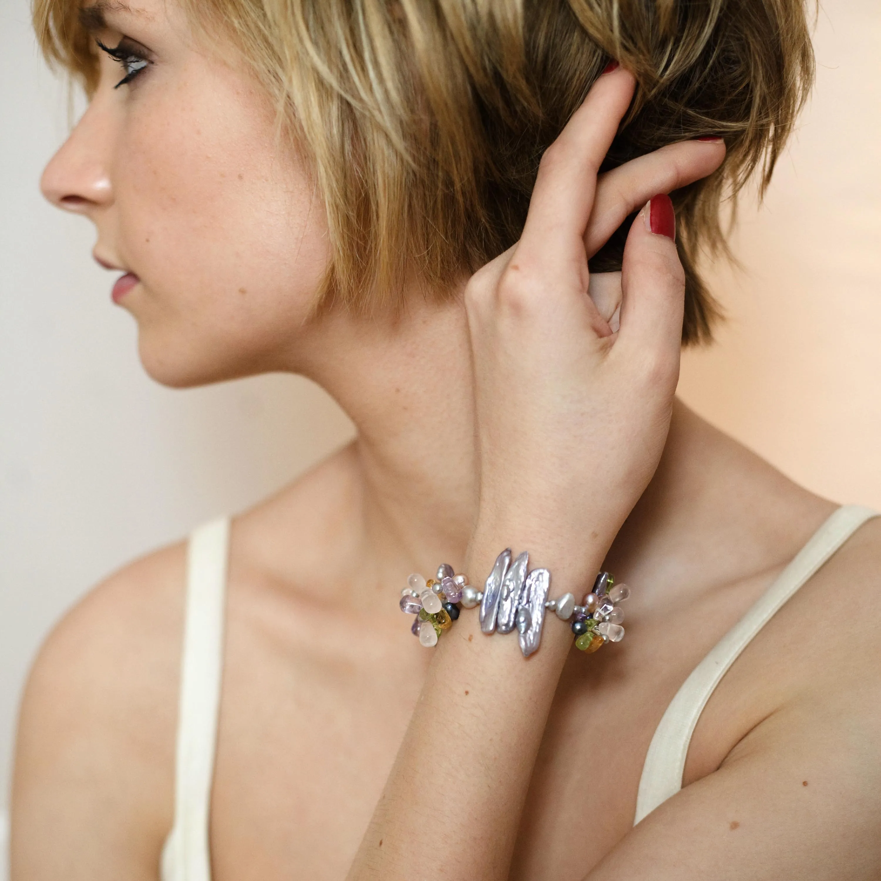 Dark Multi-Coloured Pearl & Semi Precious Stone 'Abstract' Bracelet