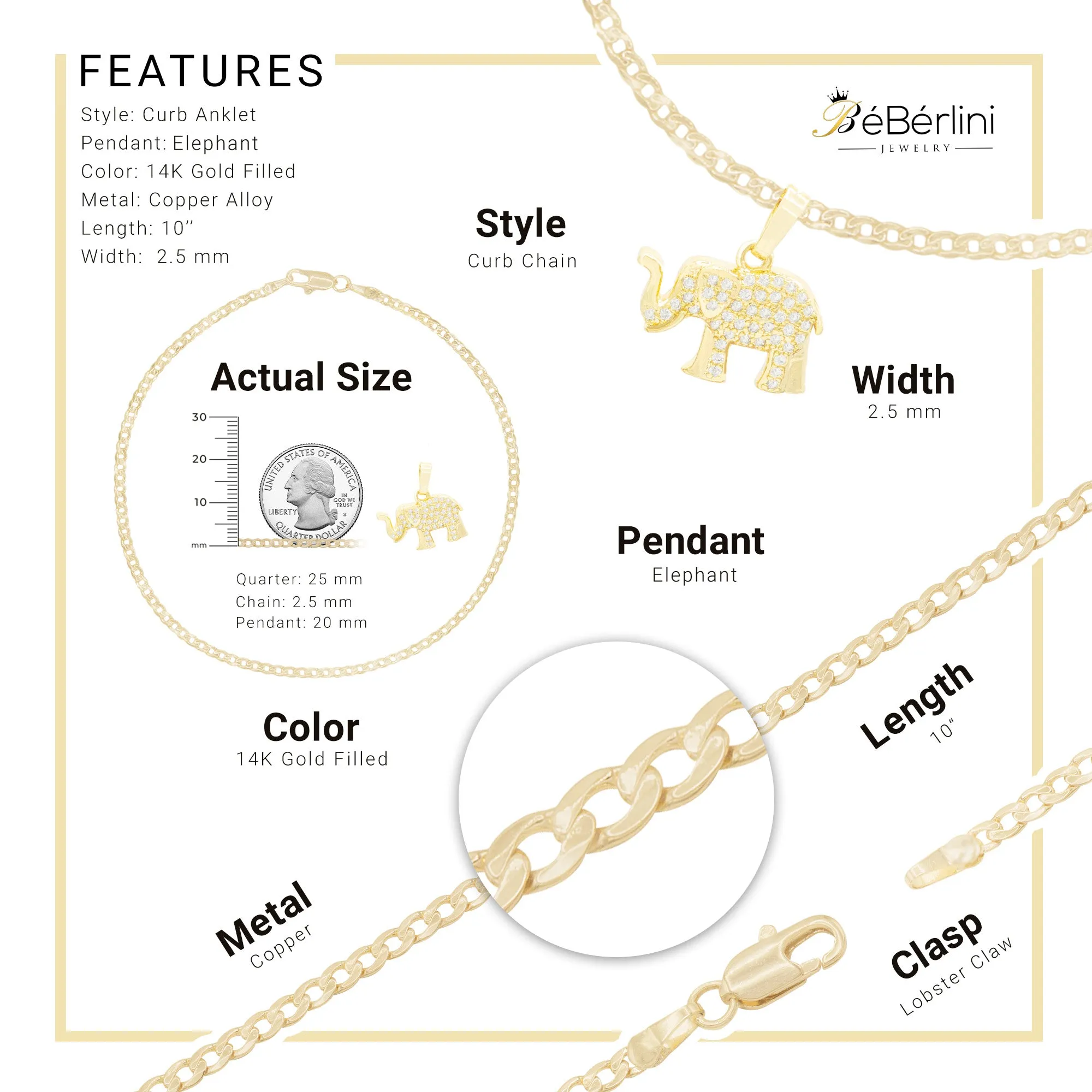 Elephant Pendant 14K Gold Filled Cubic Zirconia Anklet 10" Set 2.5 mm Women Jewelry