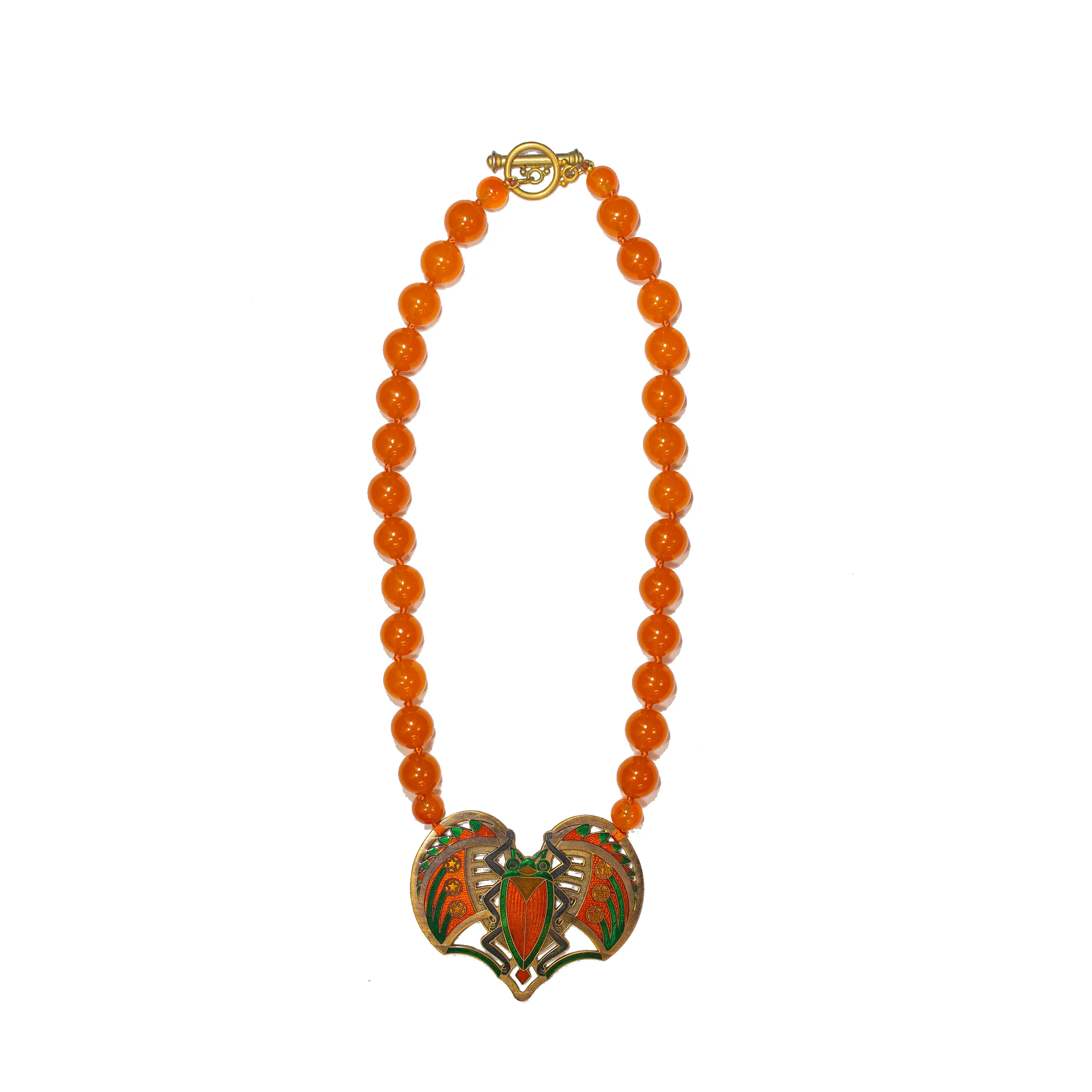 Enamel scarab and Light Amber beaded necklace