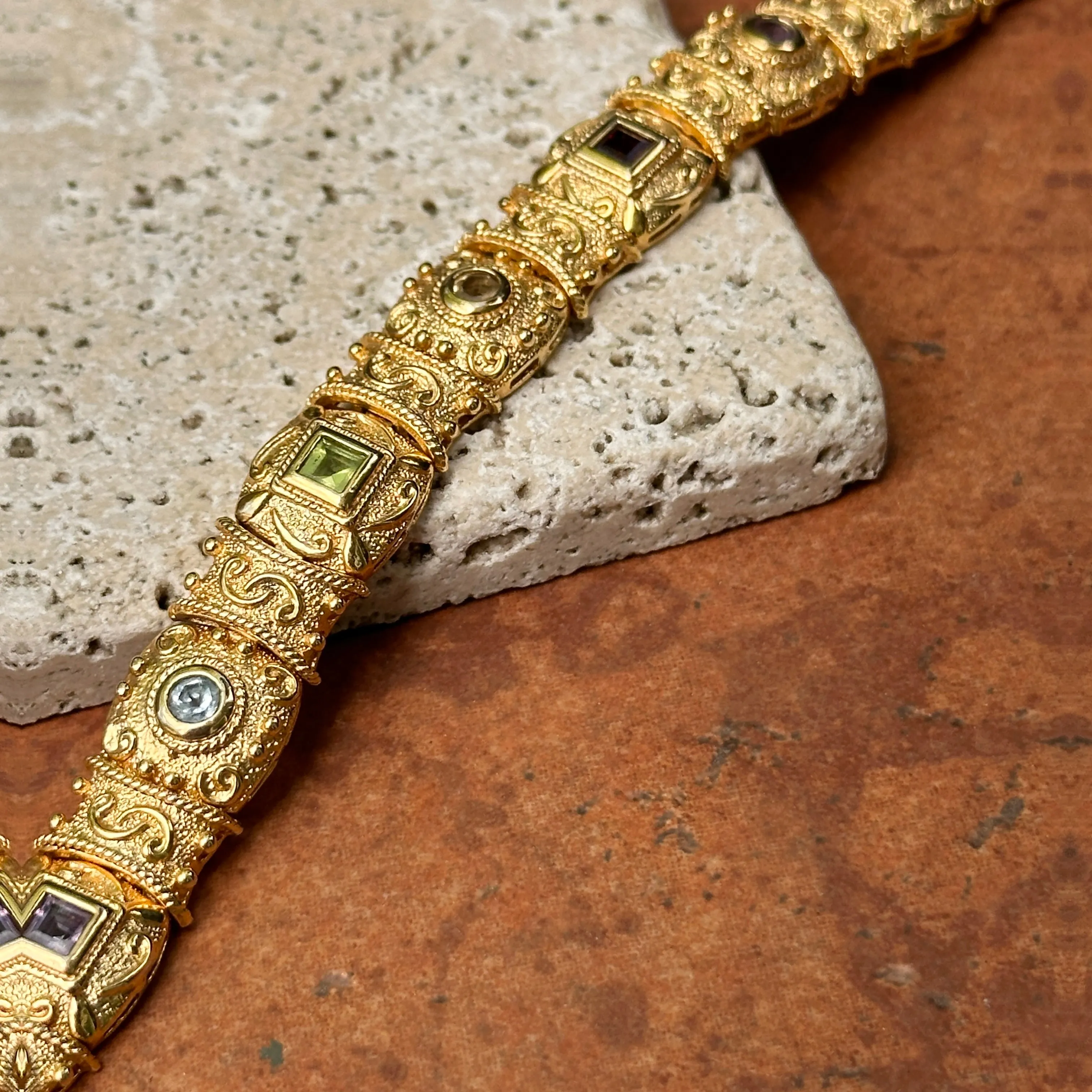 Estate Yellow Gold Plated Byazntine Gemstone Link Bracelet