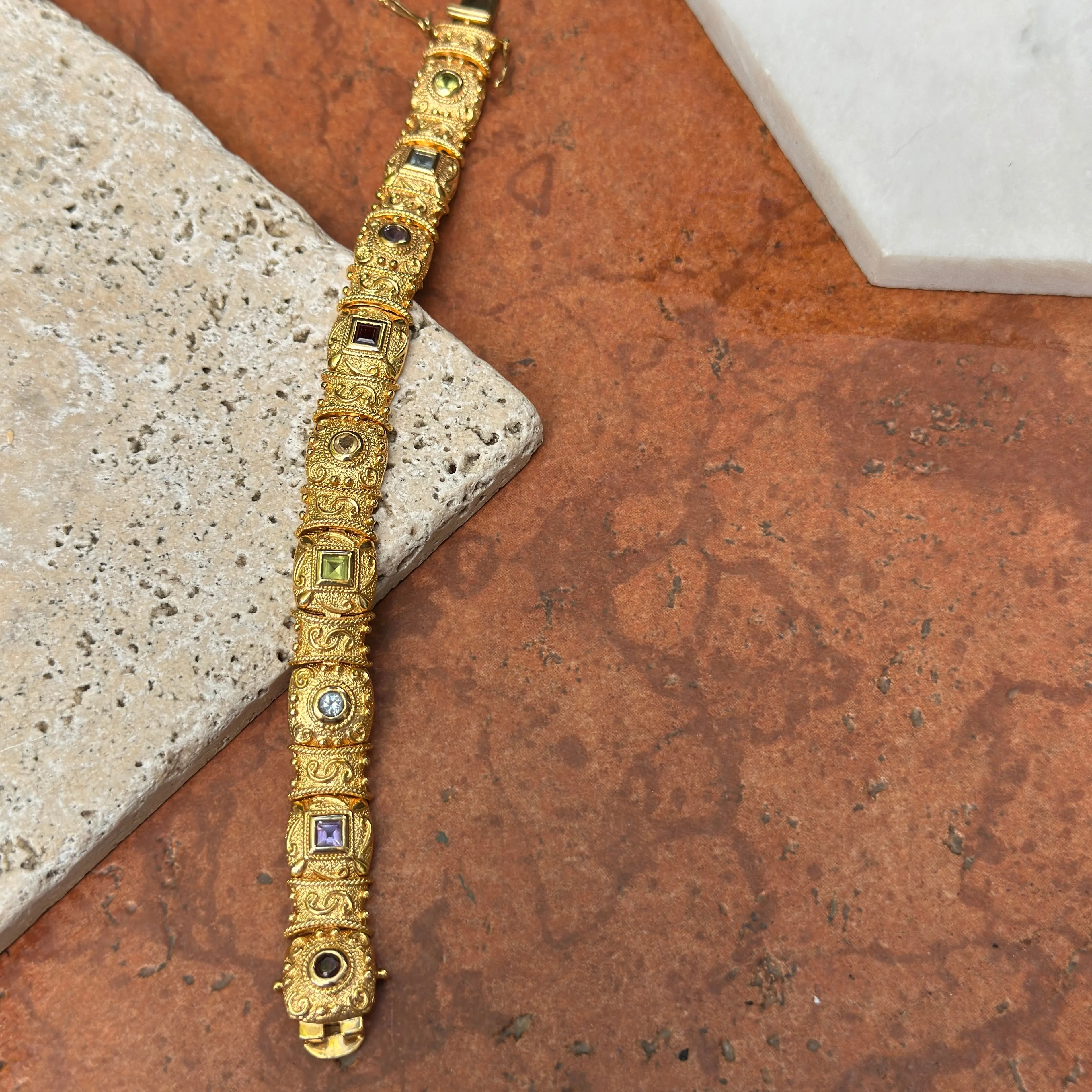 Estate Yellow Gold Plated Byazntine Gemstone Link Bracelet