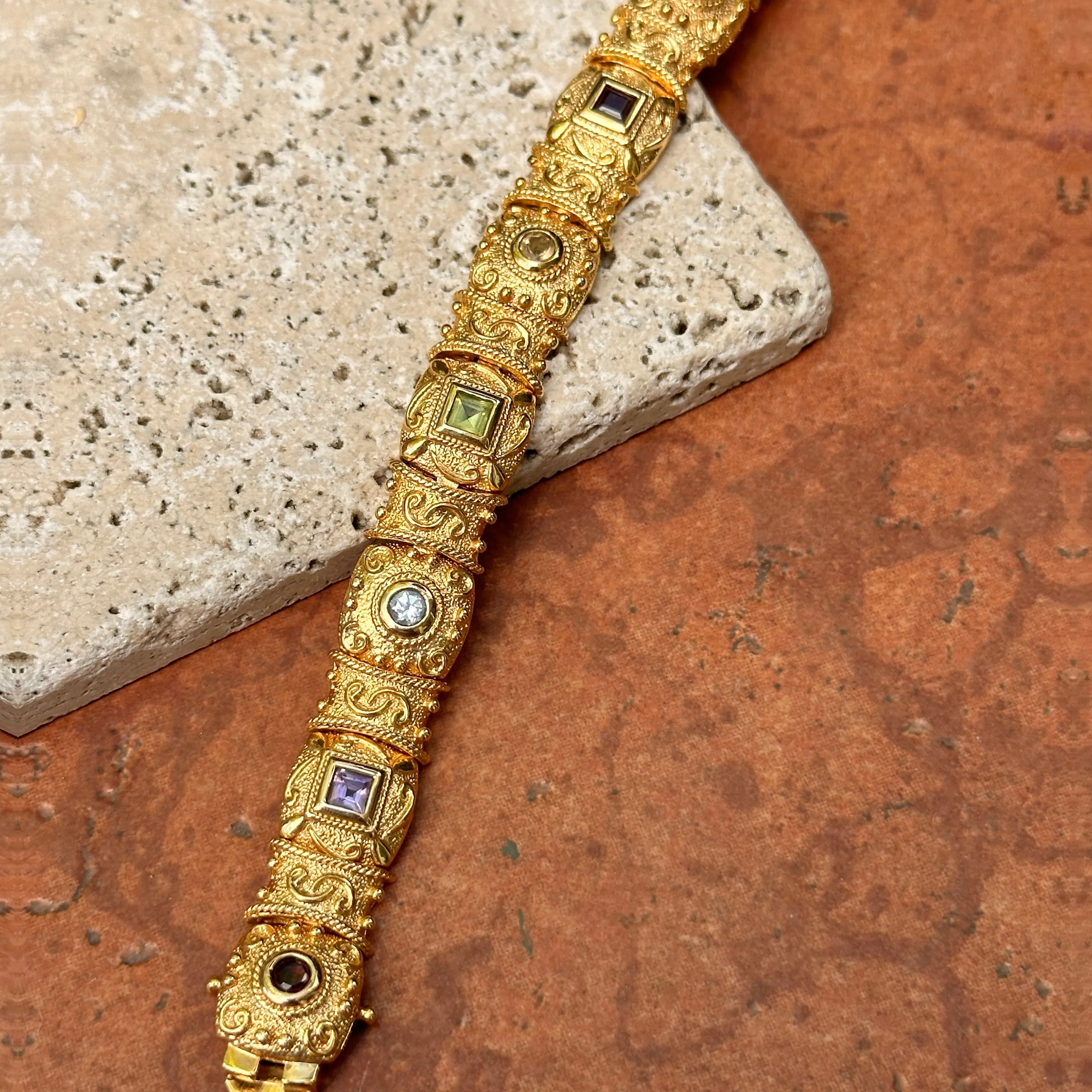 Estate Yellow Gold Plated Byazntine Gemstone Link Bracelet