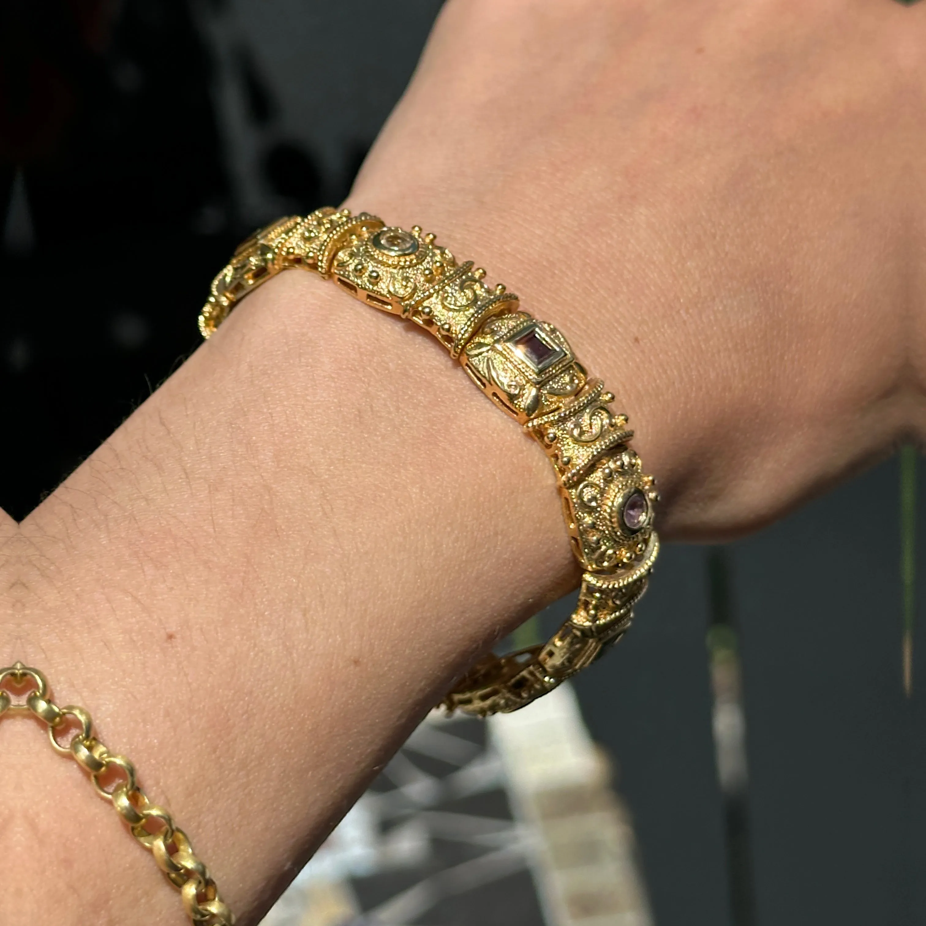 Estate Yellow Gold Plated Byazntine Gemstone Link Bracelet