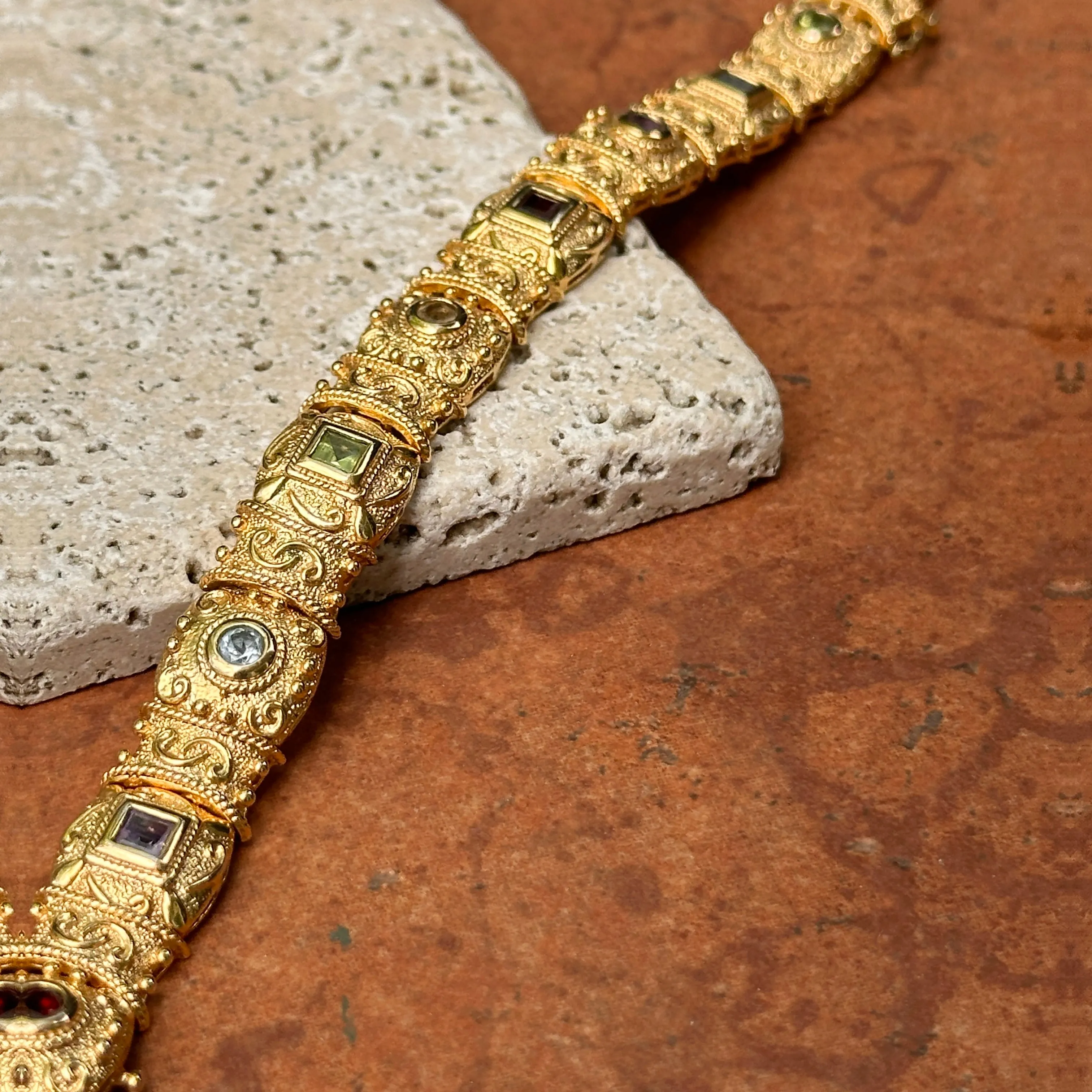 Estate Yellow Gold Plated Byazntine Gemstone Link Bracelet