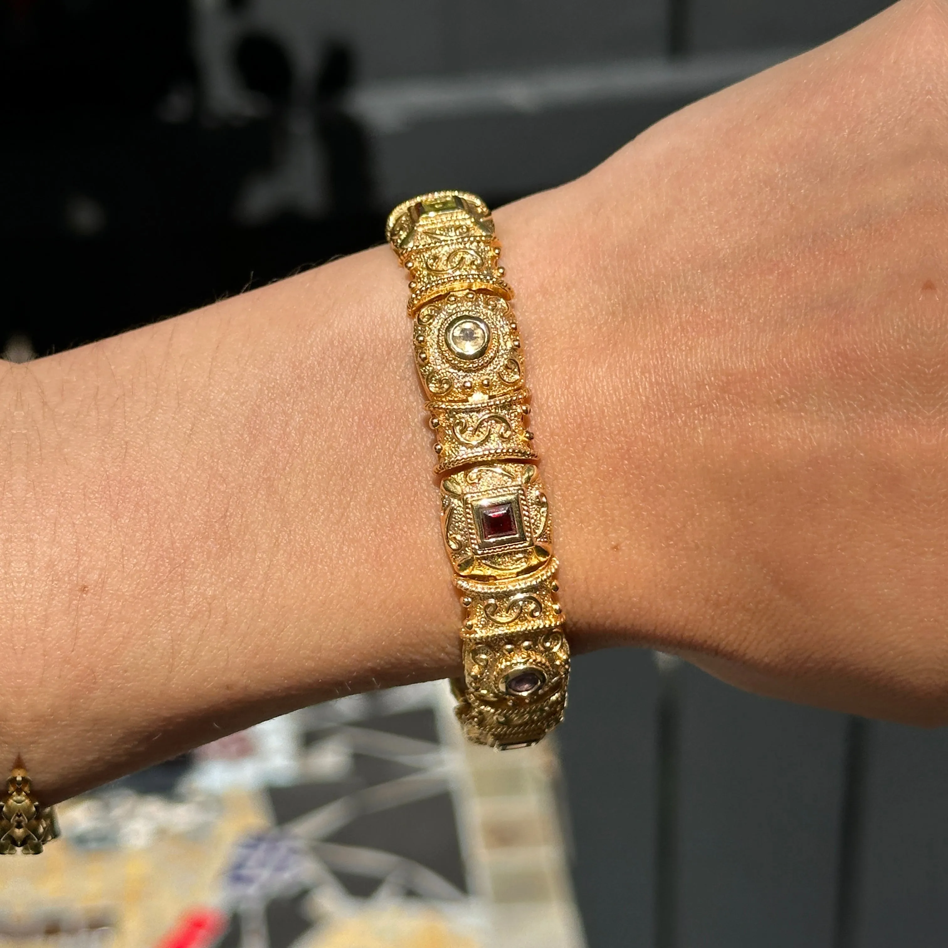 Estate Yellow Gold Plated Byazntine Gemstone Link Bracelet
