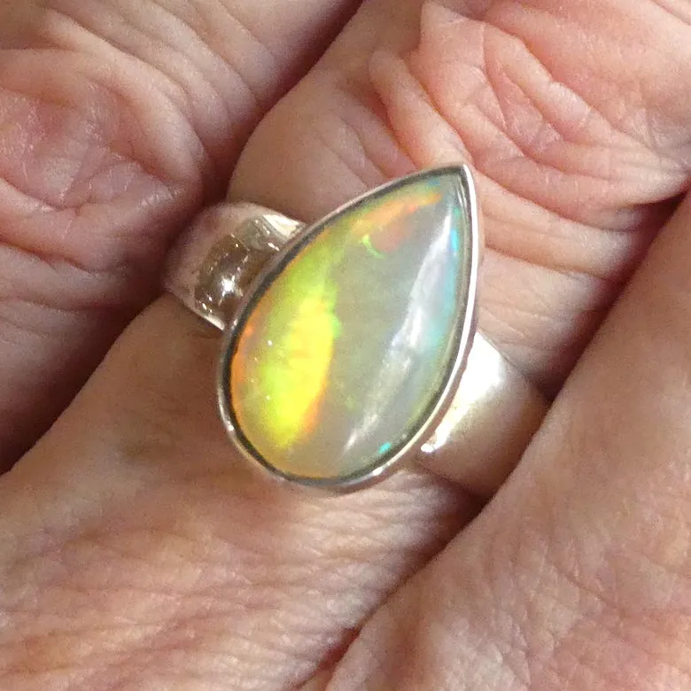 Ethiopian Opal Ring, Large Teardrop, Strong Flash, Size 9, 925 Silver g4