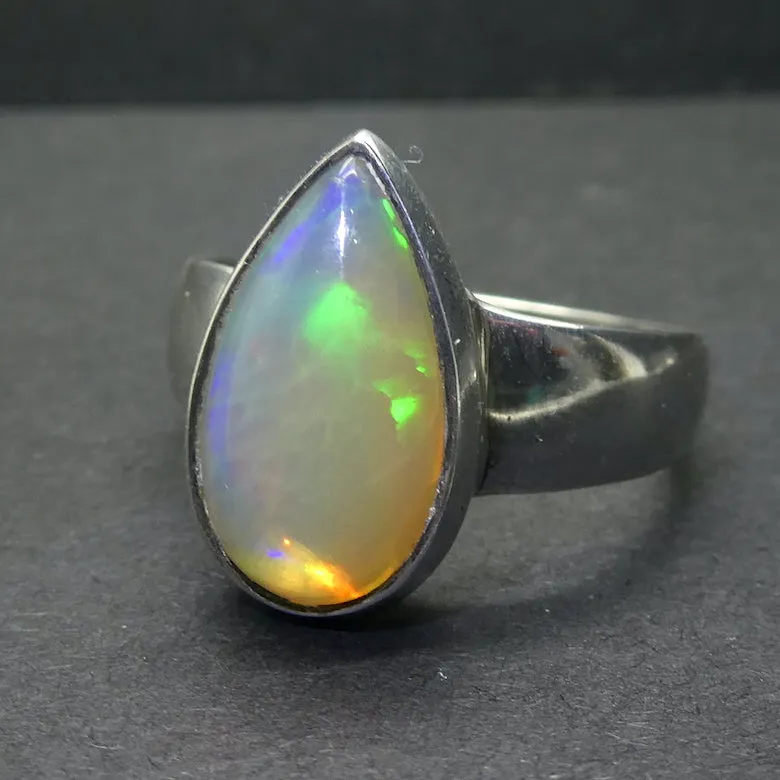 Ethiopian Opal Ring, Large Teardrop, Strong Flash, Size 9, 925 Silver g4
