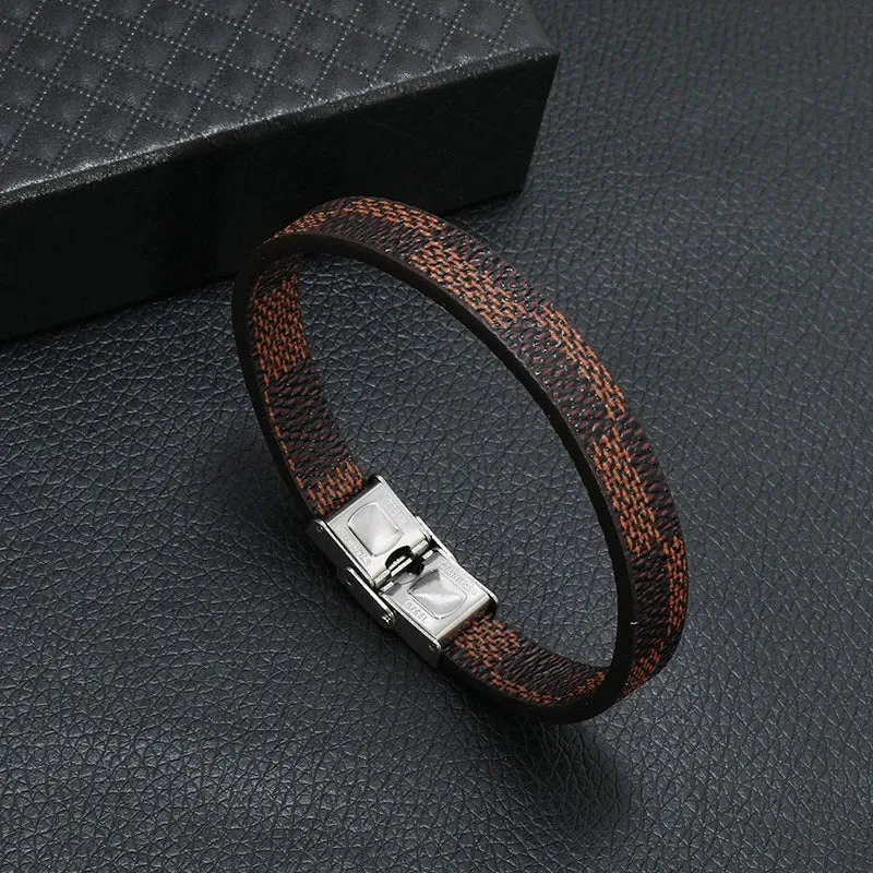 European and American Retro Simple Hand Woven Striped Leather Titanium Steel Bracelet Men's Stainless Steel Wristband